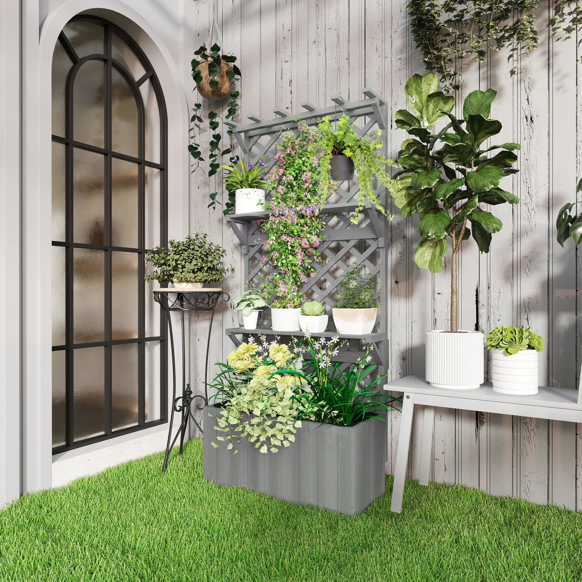 30" x 13" x 70" Wooden Raised Garden Bed with Trellis, Hanging Roof and Plant Shelf, Grey - Image 3