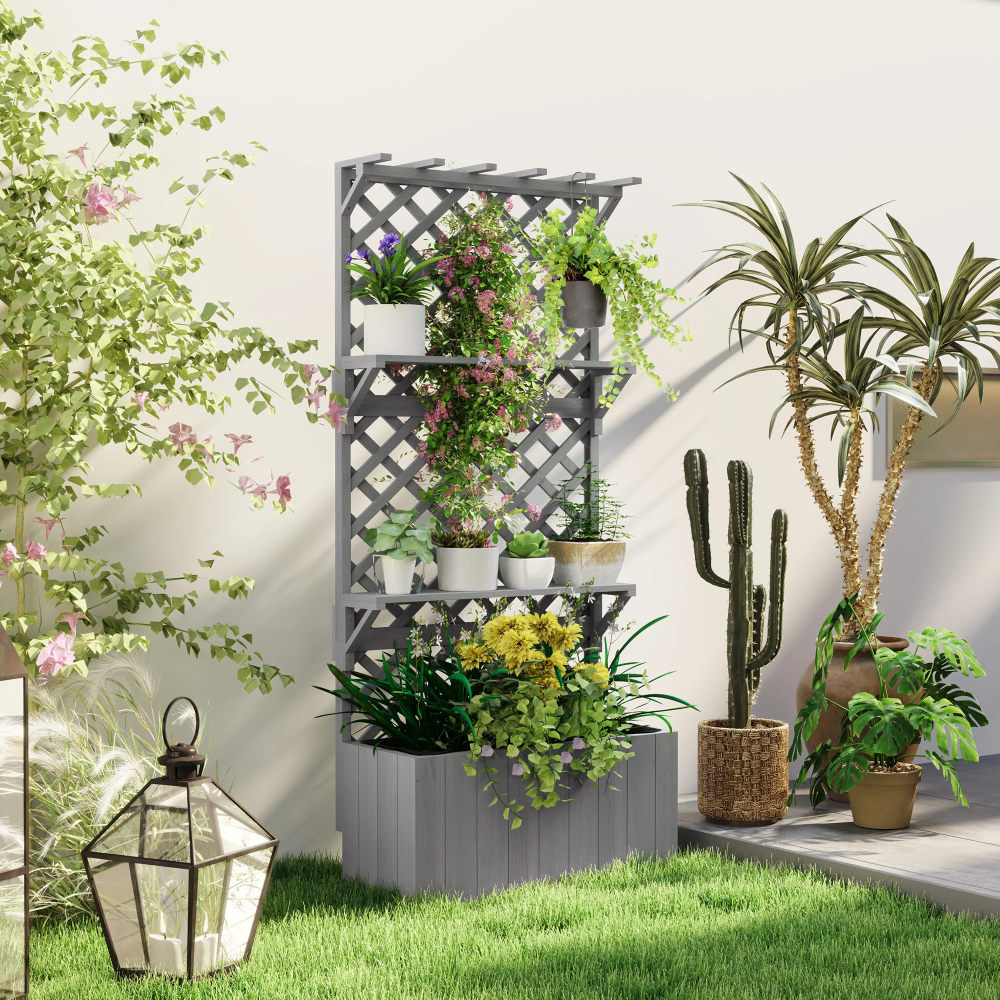 30" x 13" x 70" Wooden Raised Garden Bed with Trellis, Hanging Roof and Plant Shelf, Grey - Image 4