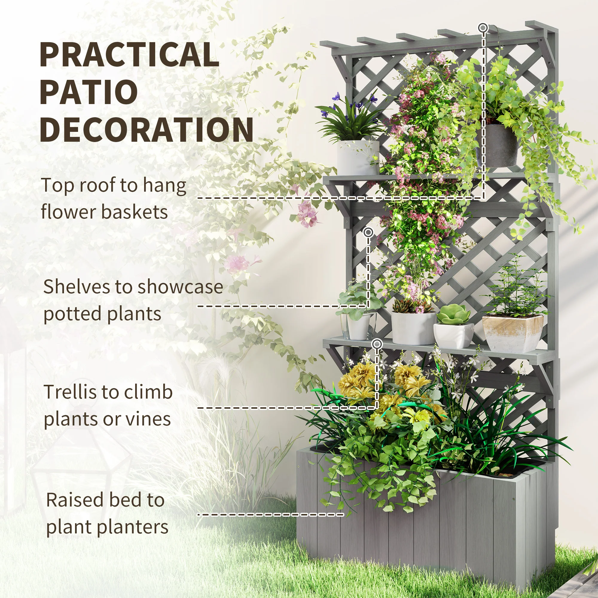 30" x 13" x 70" Wooden Raised Garden Bed with Trellis, Hanging Roof and Plant Shelf, Grey - Image 6
