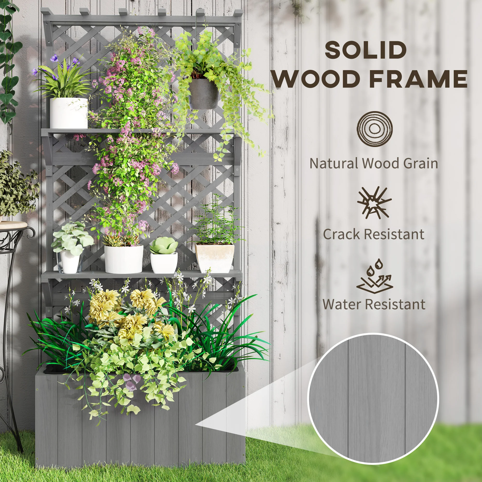 30" x 13" x 70" Wooden Raised Garden Bed with Trellis, Hanging Roof and Plant Shelf, Grey - Image 9