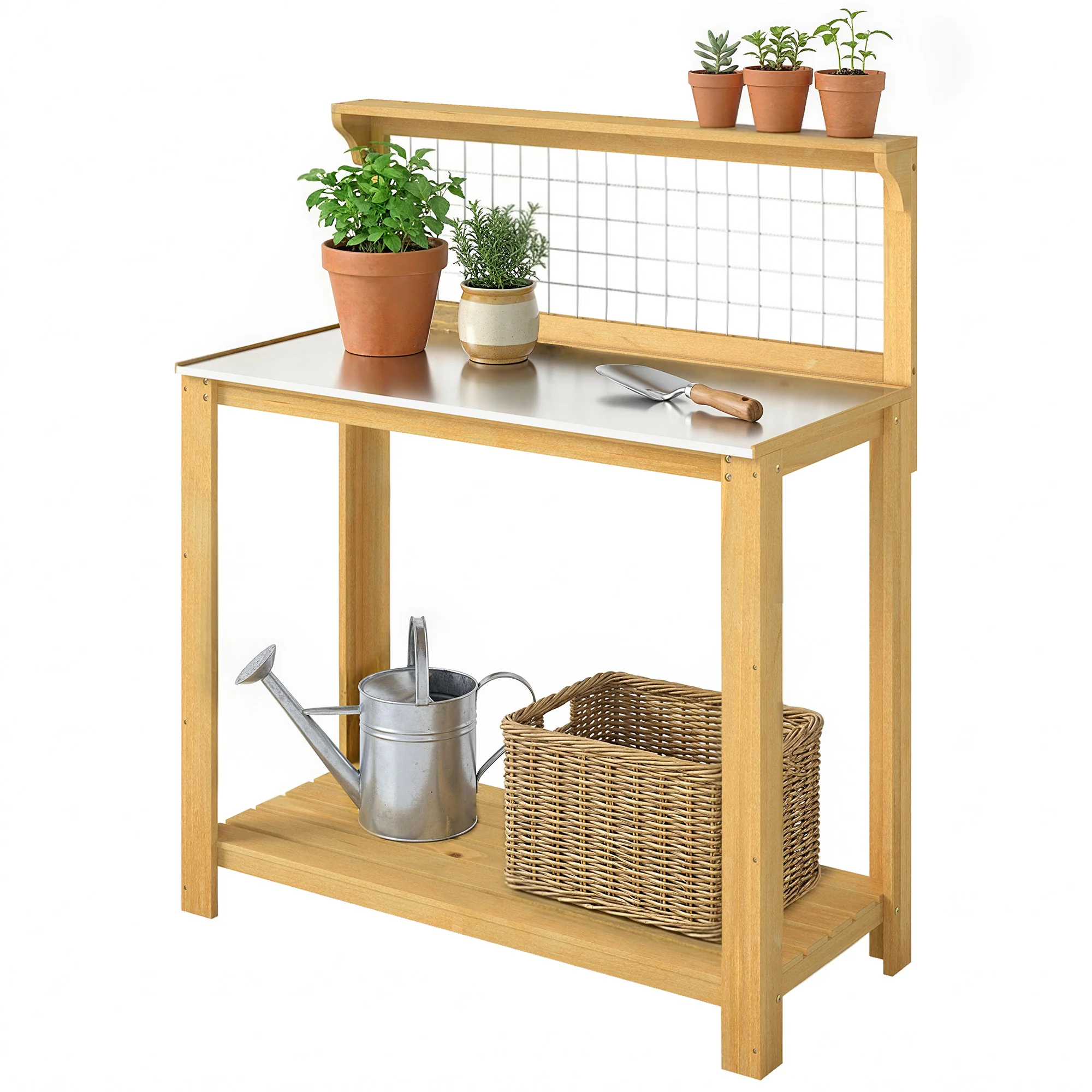 100 x 48 x 119 cm Potting Bench with Aluminium Worktop, Yellow - Image 2