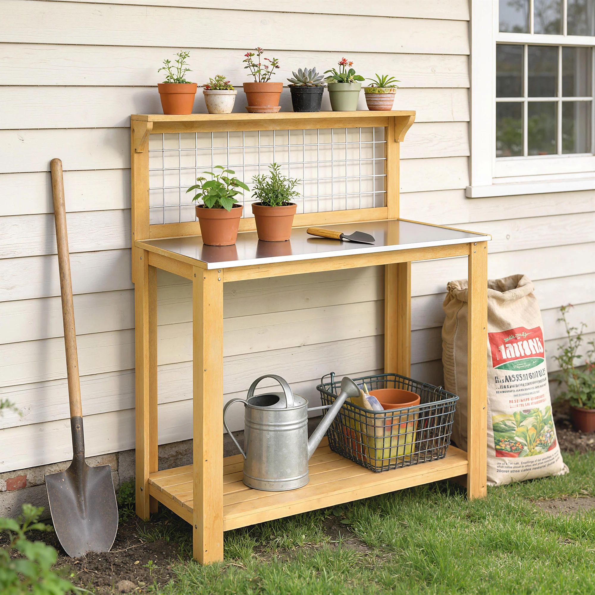 100 x 48 x 119 cm Potting Bench with Aluminium Worktop, Yellow - Image 3