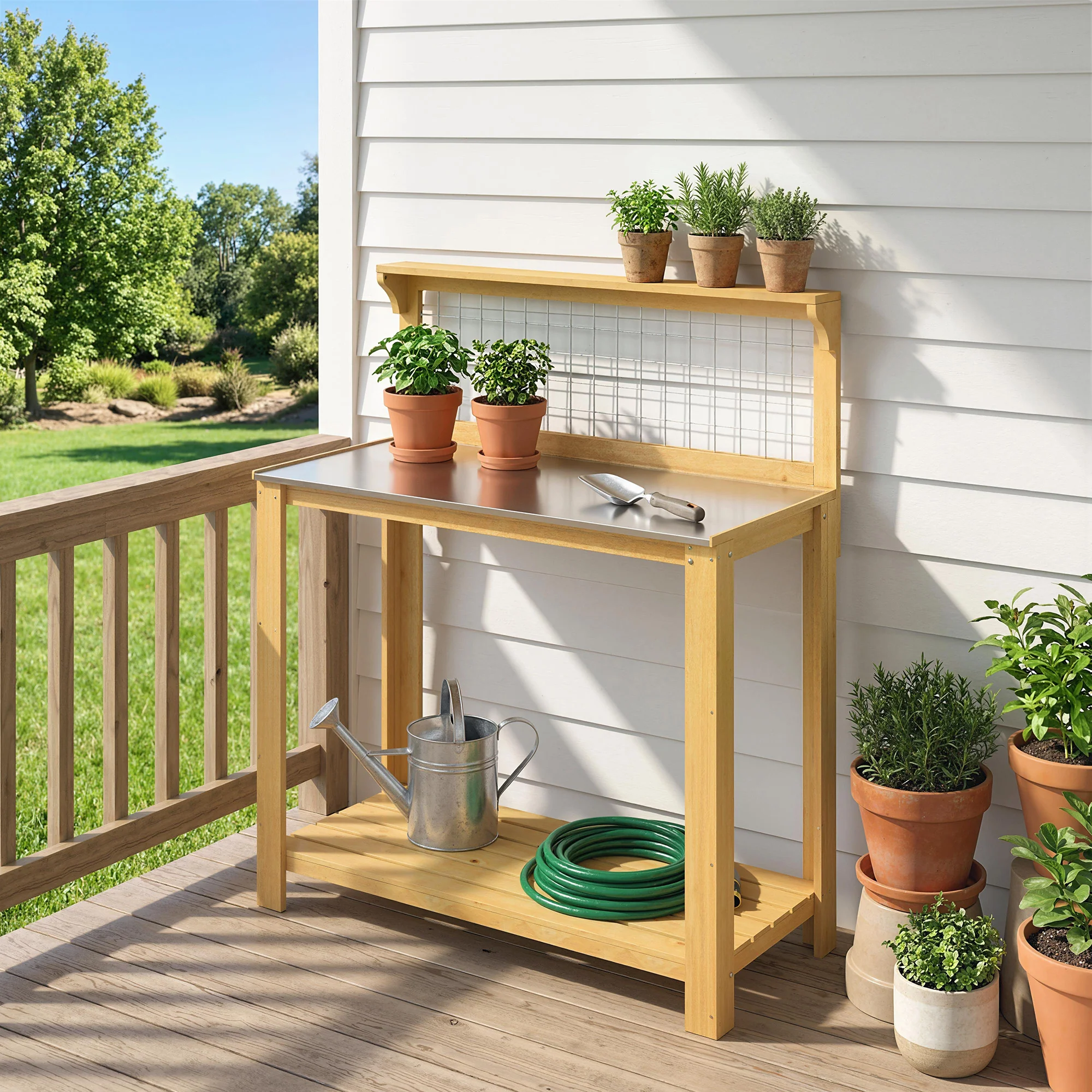100 x 48 x 119 cm Potting Bench with Aluminium Worktop, Yellow - Image 4