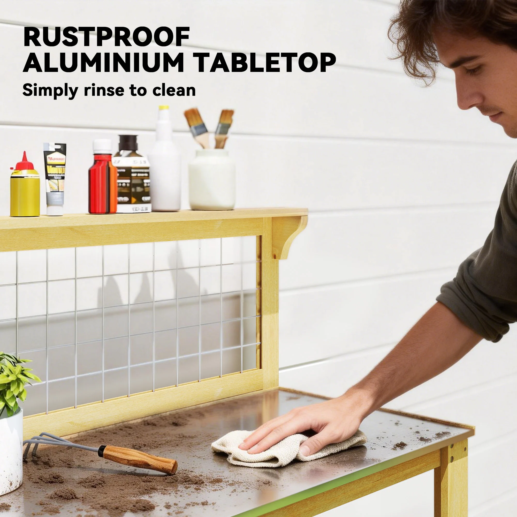 100 x 48 x 119 cm Potting Bench with Aluminium Worktop, Yellow - Image 6
