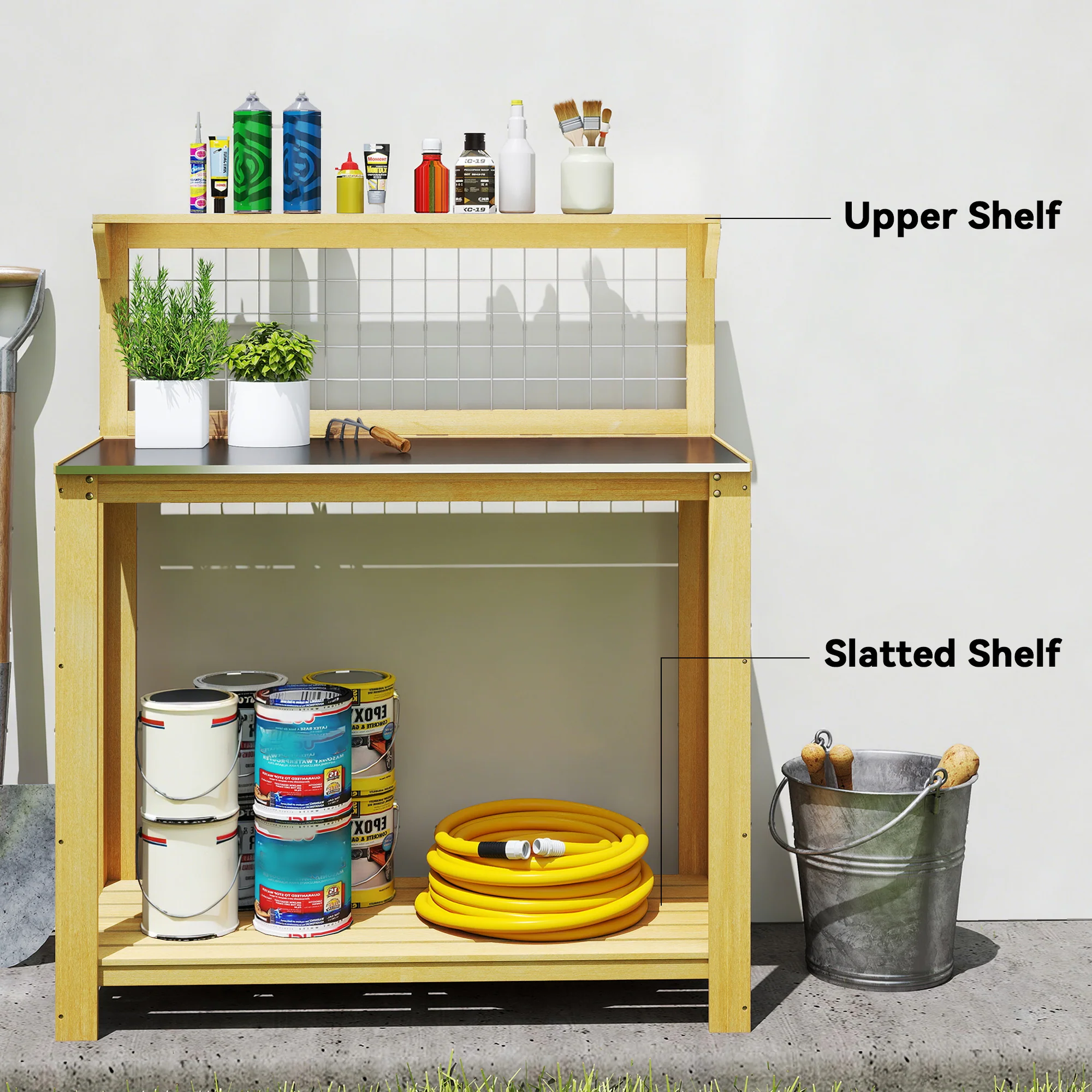 100 x 48 x 119 cm Potting Bench with Aluminium Worktop, Yellow - Image 7