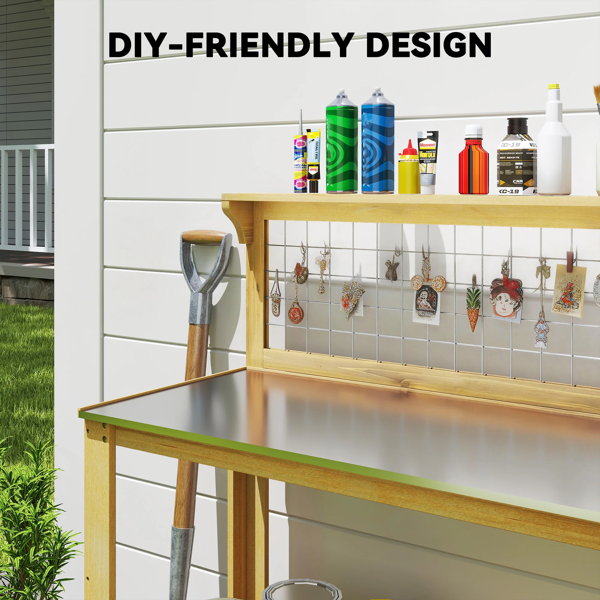 100 x 48 x 119 cm Potting Bench with Aluminium Worktop, Yellow - Image 8