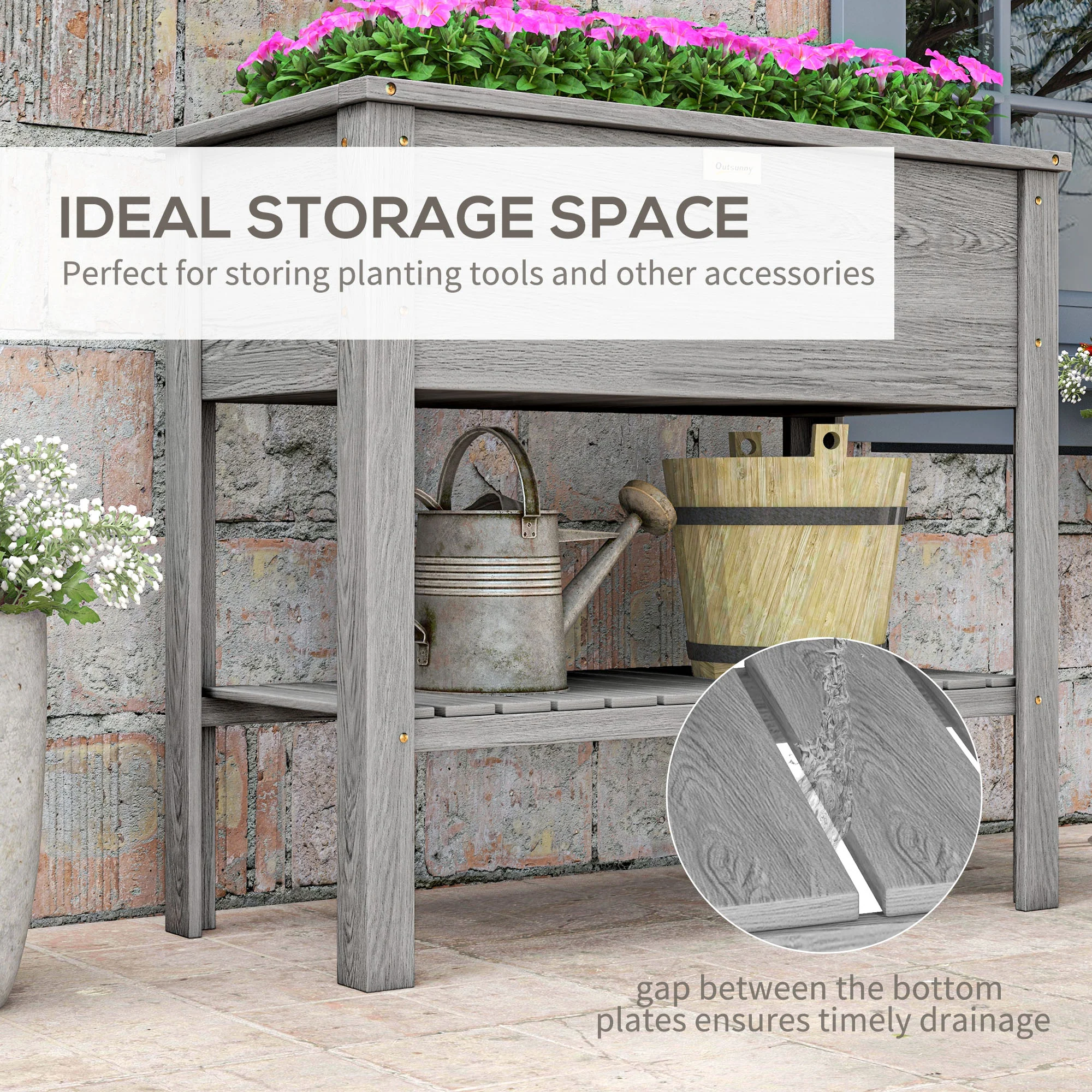 Wooden Raised Garden Bed with Storage Shelf and Drainage Holes, Grey - Image 7