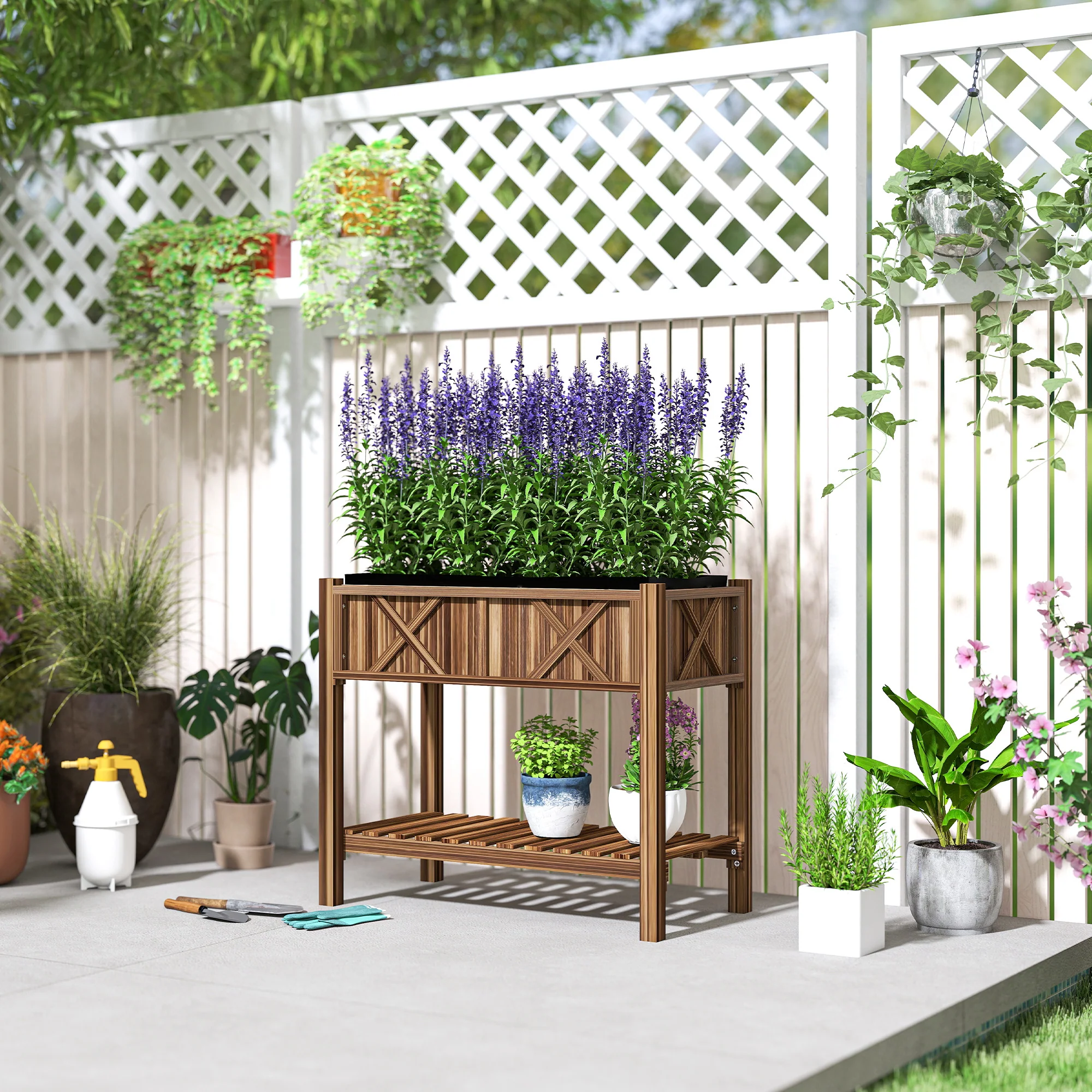 34" x 18" x 30" Wooden Raised Garden Bed with Shelf, Carbonized - Image 10