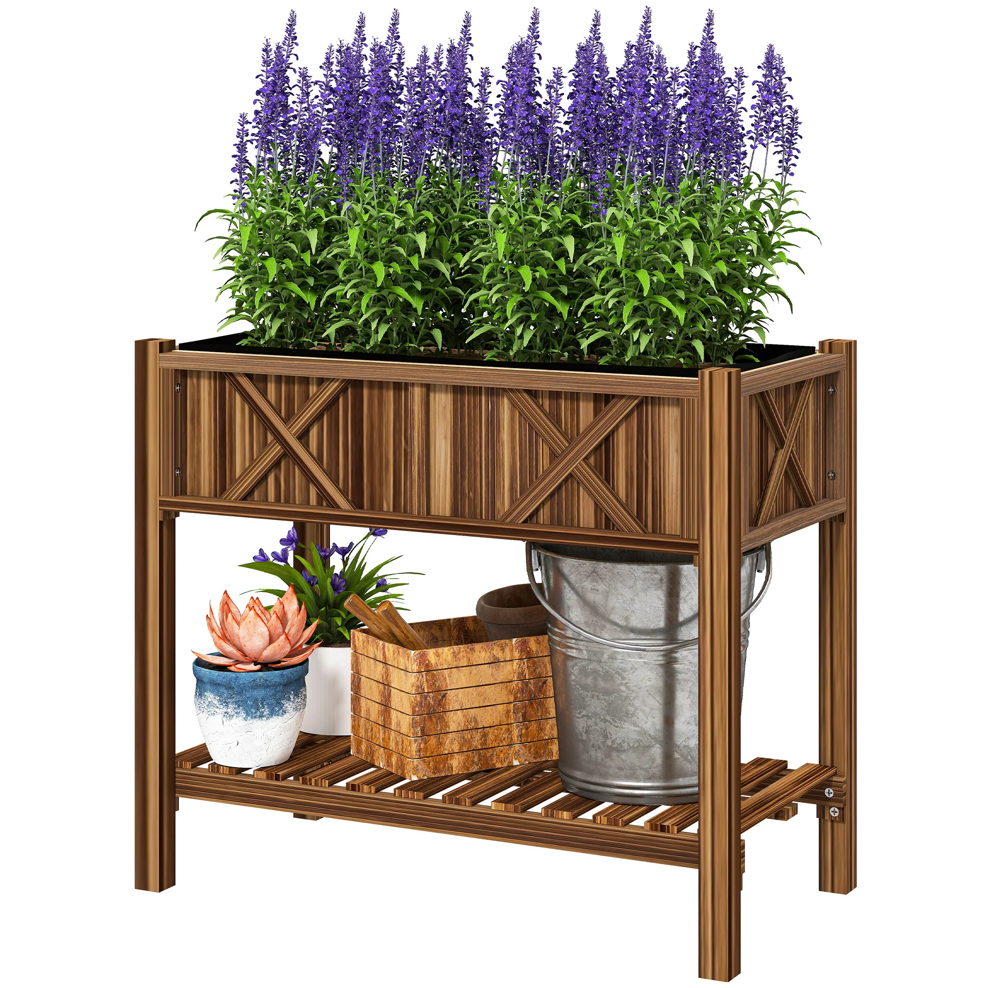 34" x 18" x 30" Wooden Raised Garden Bed with Shelf, Carbonized - Image 2