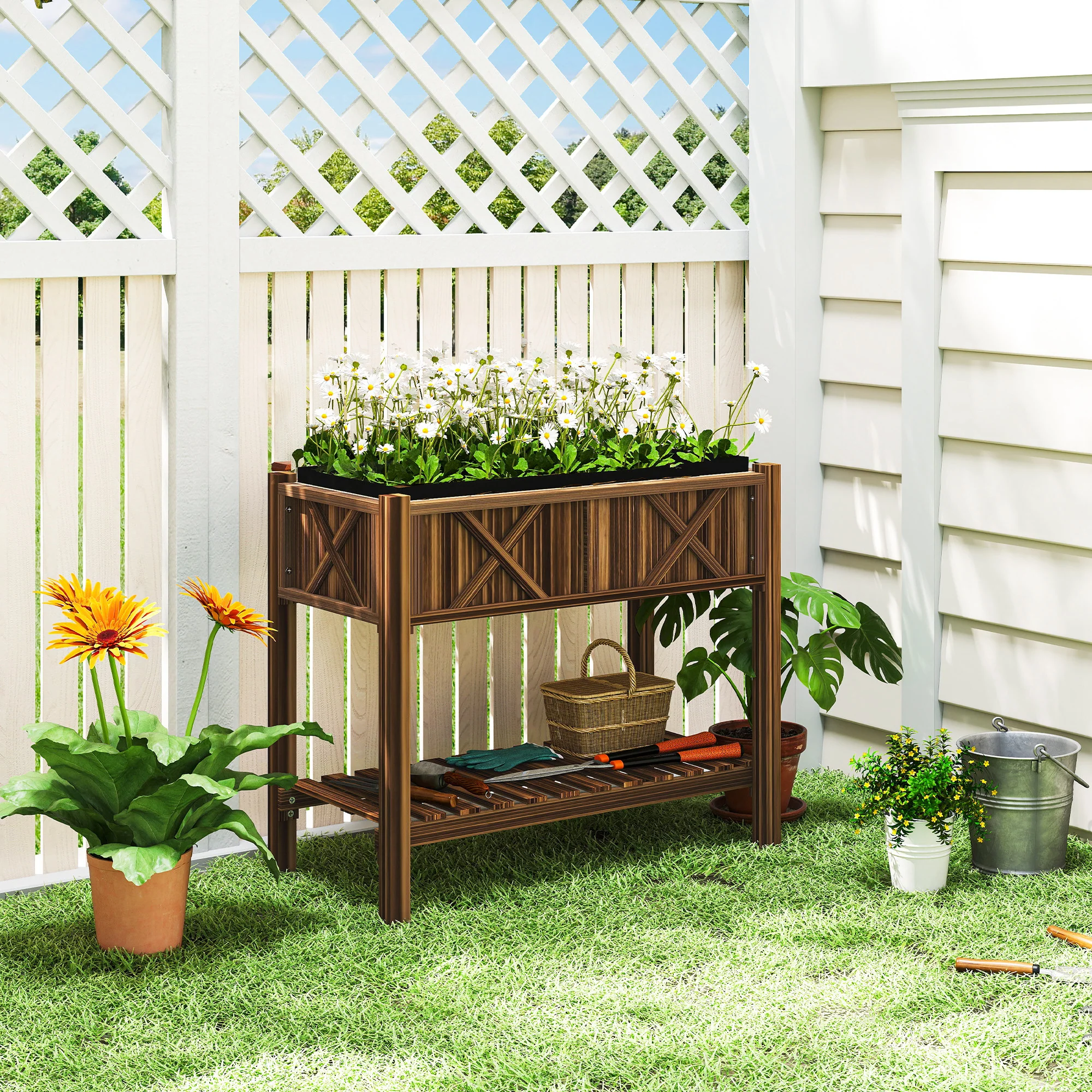 34" x 18" x 30" Wooden Raised Garden Bed with Shelf, Carbonized - Image 3
