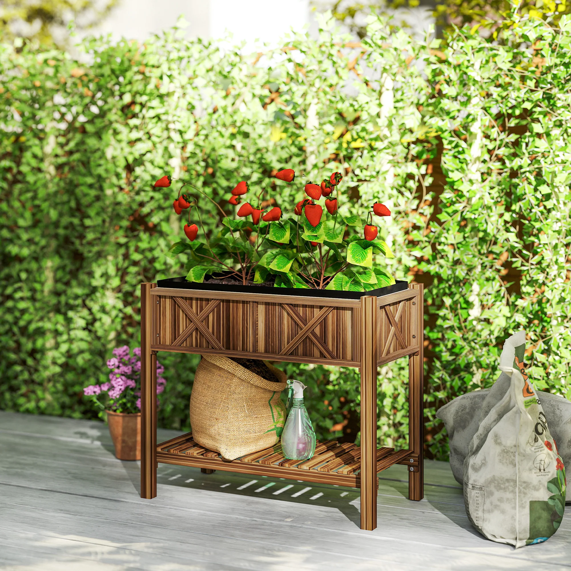 34" x 18" x 30" Wooden Raised Garden Bed with Shelf, Carbonized - Image 4