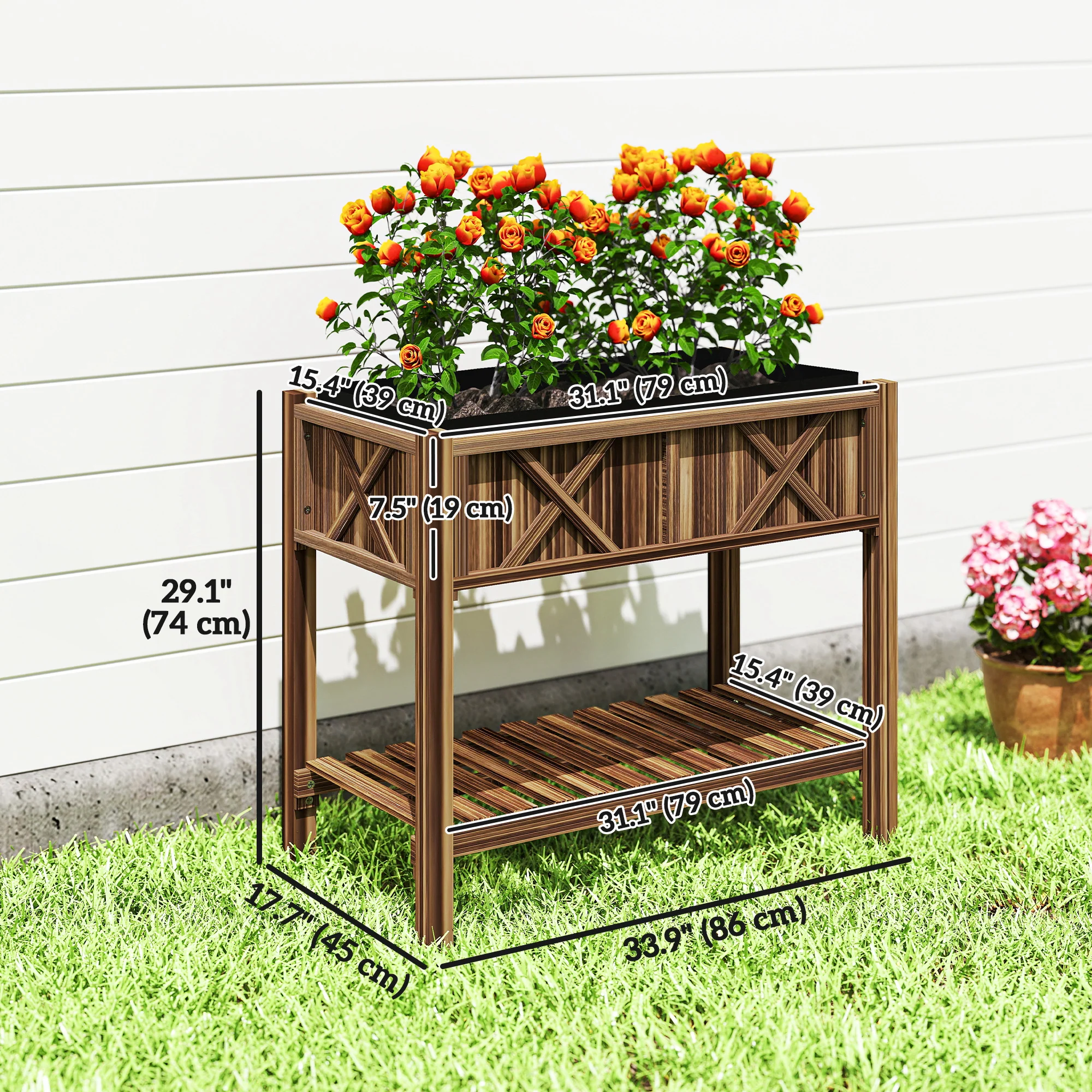34" x 18" x 30" Wooden Raised Garden Bed with Shelf, Carbonized - Image 5