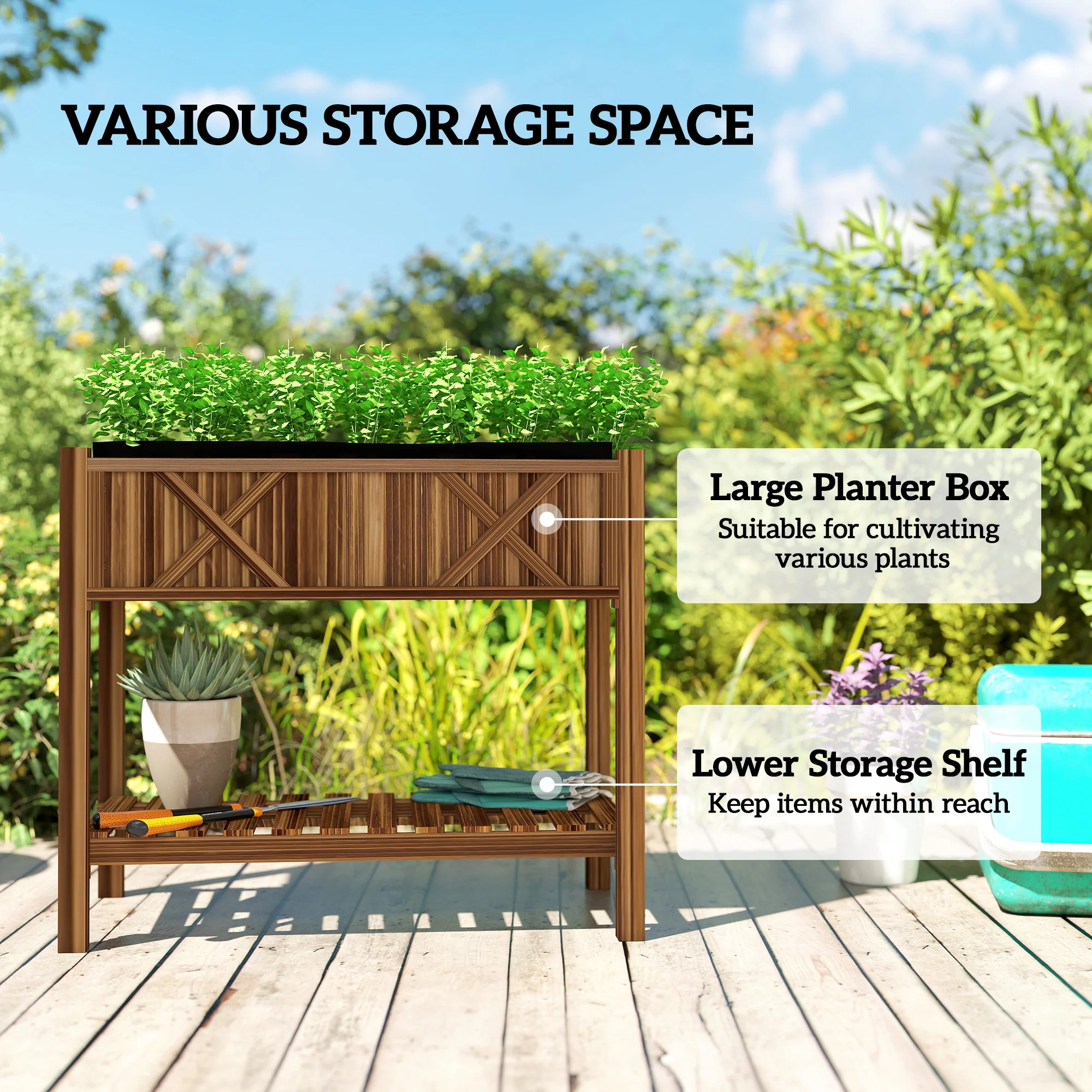 34" x 18" x 30" Wooden Raised Garden Bed with Shelf, Carbonized - Image 6