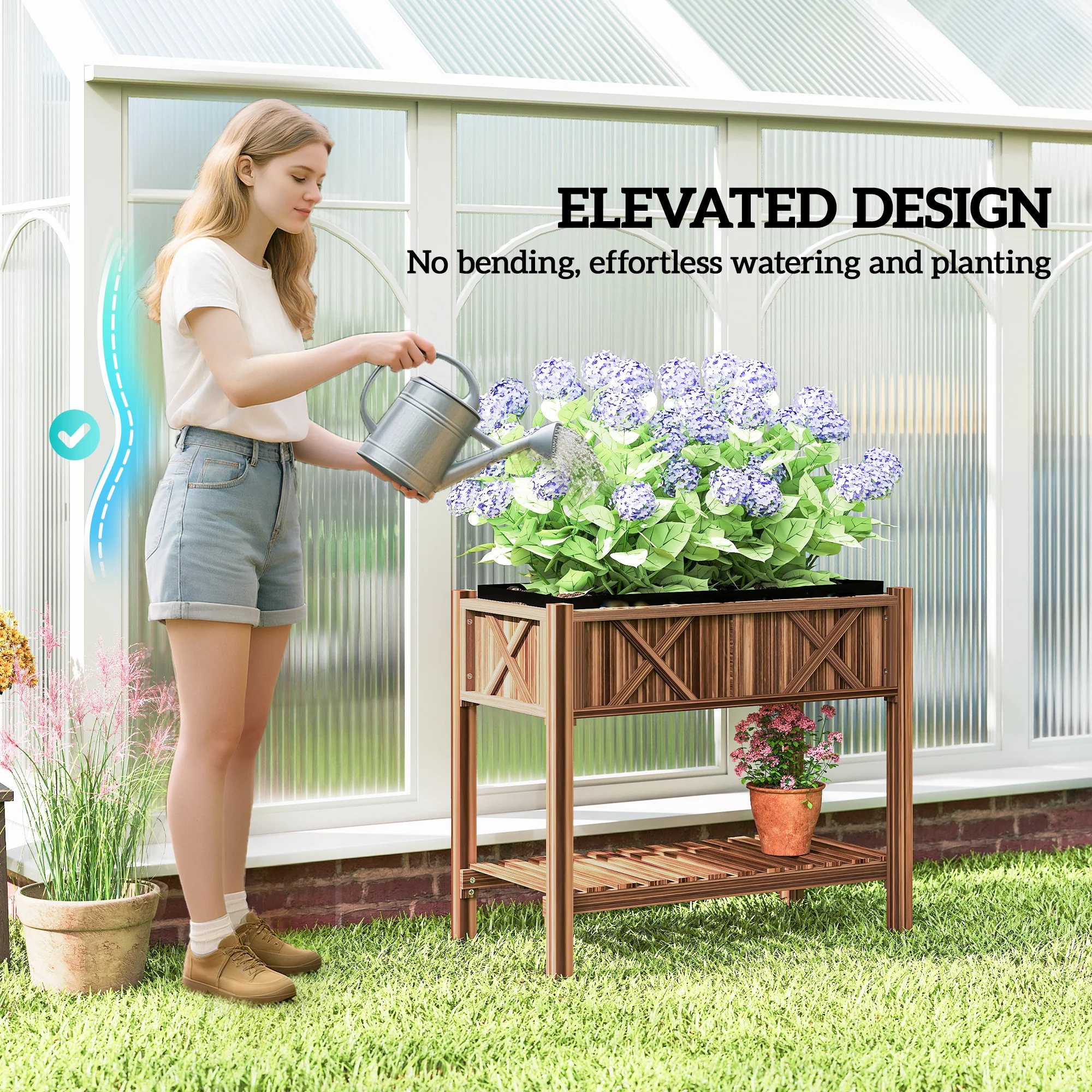 34" x 18" x 30" Wooden Raised Garden Bed with Shelf, Carbonized - Image 8