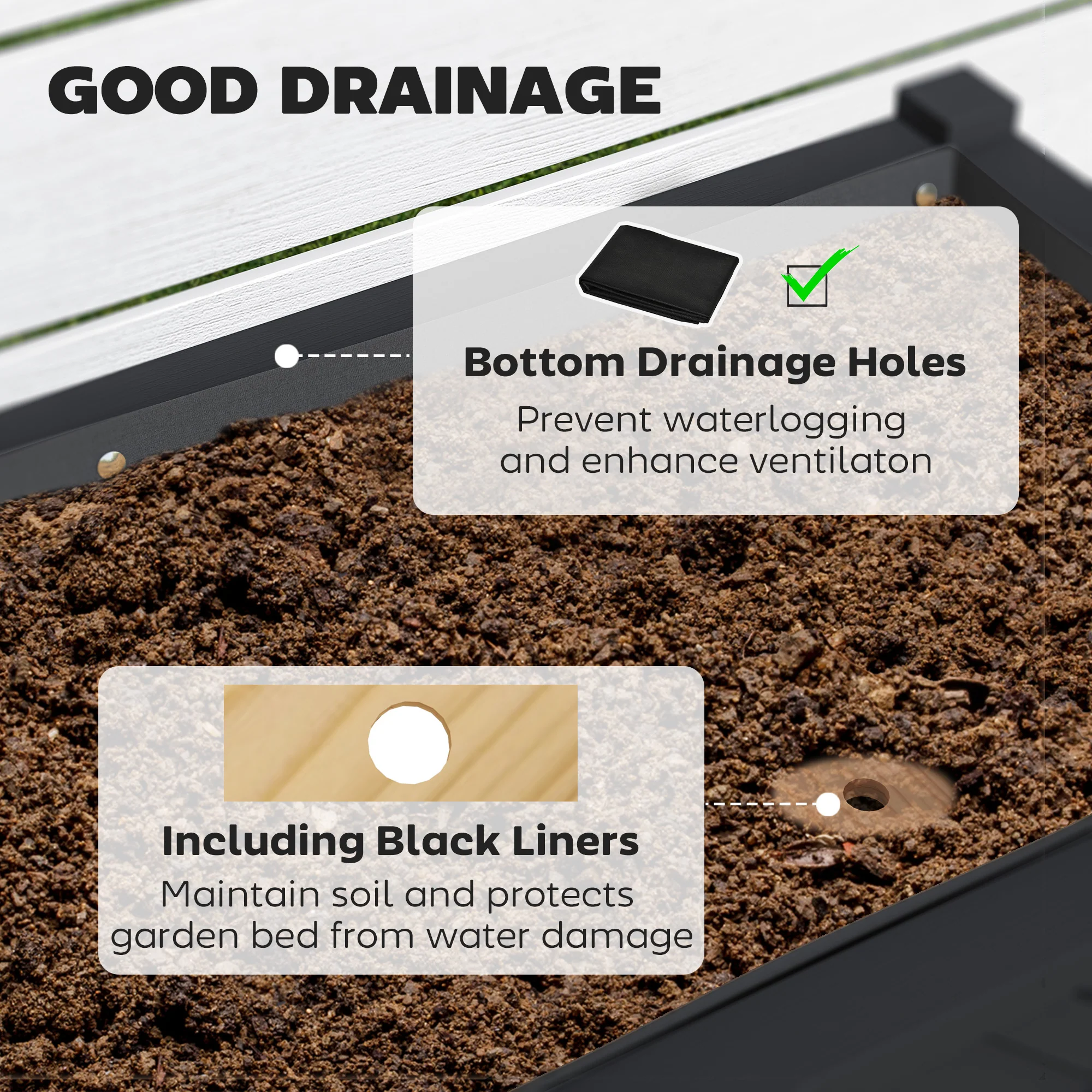 Wooden Raised Garden Bed with Storage Shelf, Drainage Holes and Liner, 34" x 18" x 30",Black - Image 7
