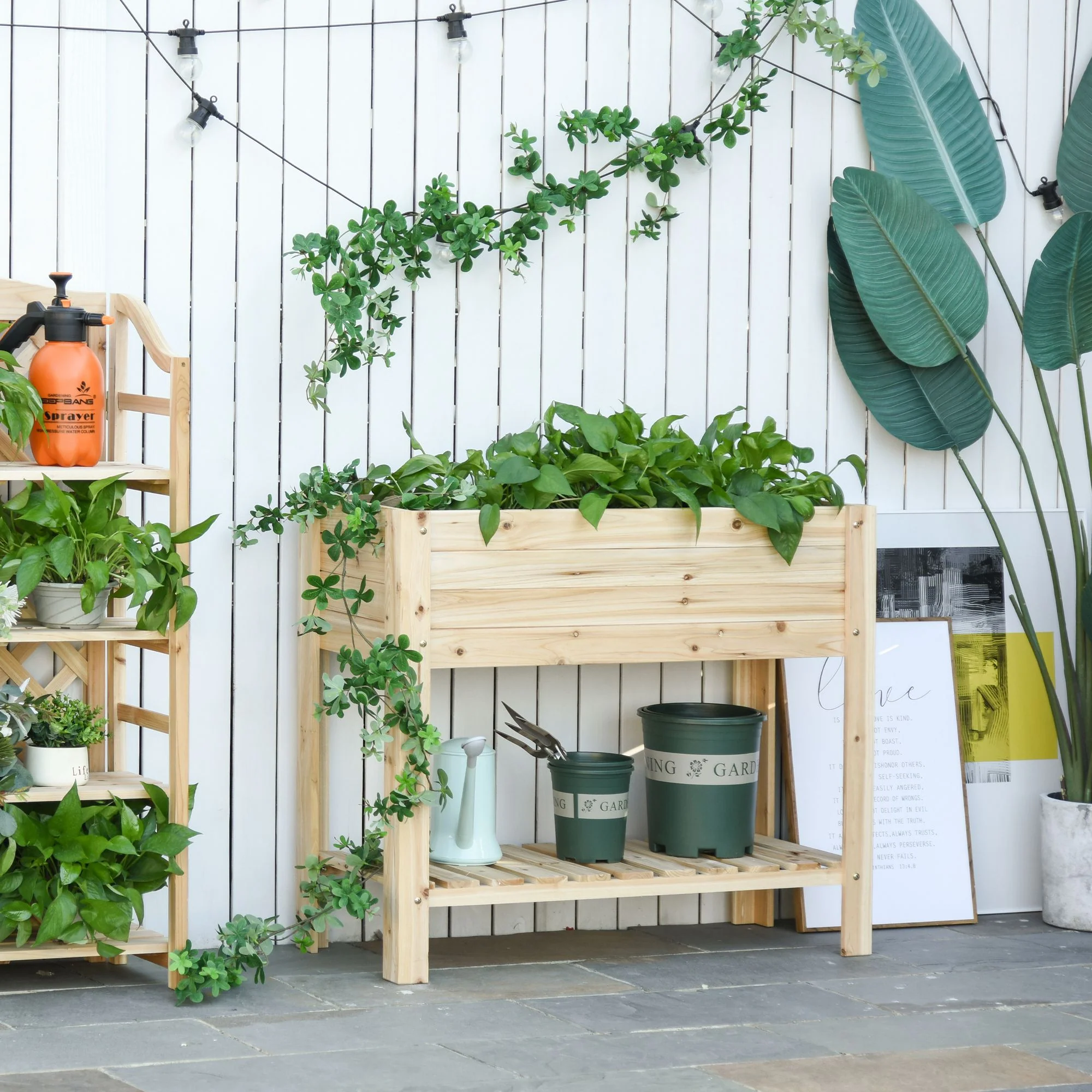 40" x 16" x 33" Wooden Raised Garden Bed with Storage Shelf, Natural - Image 4
