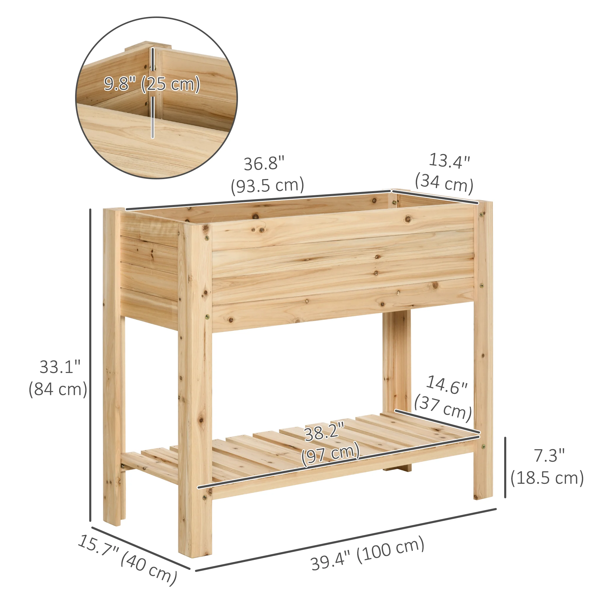 40" x 16" x 33" Wooden Raised Garden Bed with Storage Shelf, Natural - Image 5