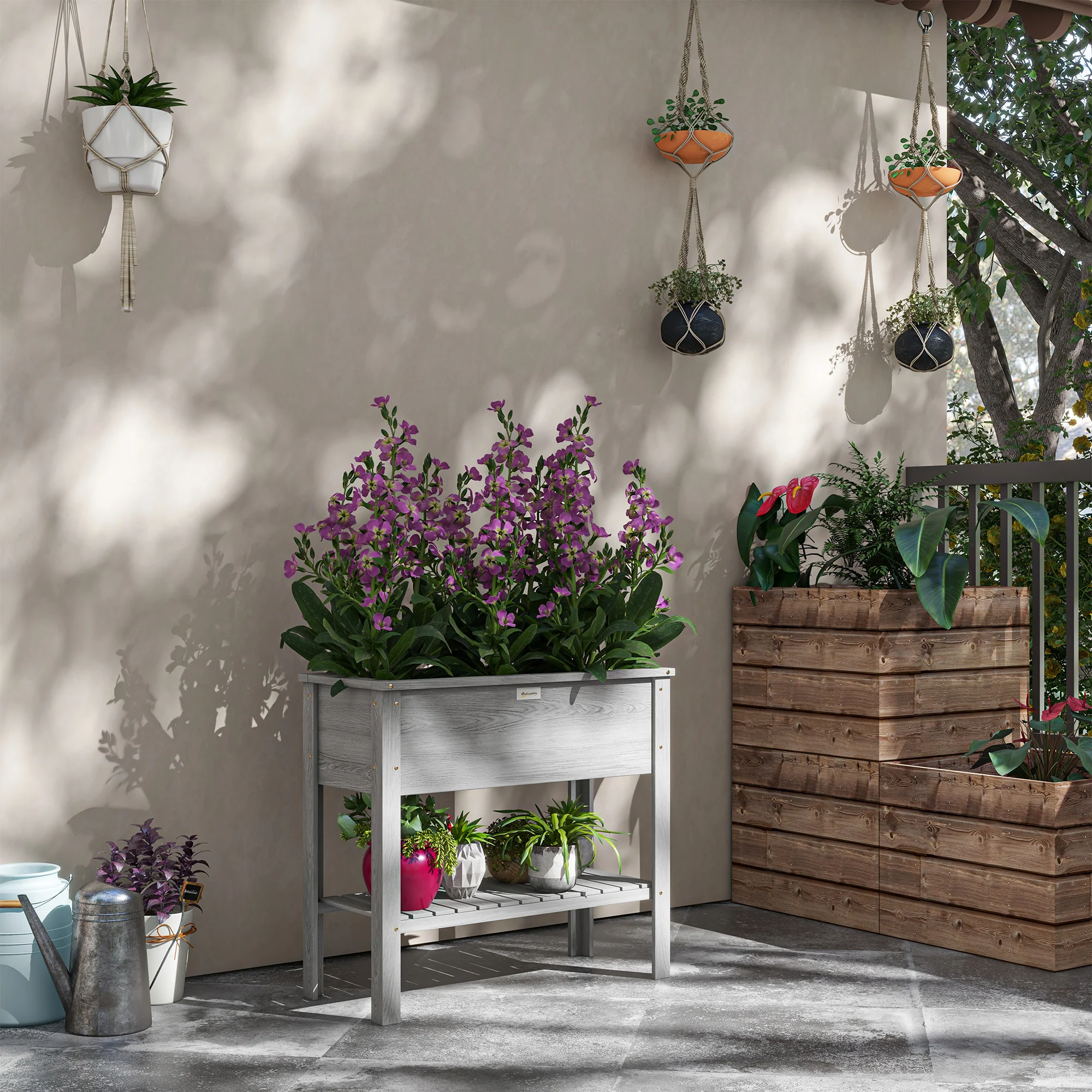 Wooden Raised Garden Bed Standing Elevated Planter Box with Storage Shelf for Flowers, Vegetables, and Herbs, 36" x 16" x 32", Grey - Image 3