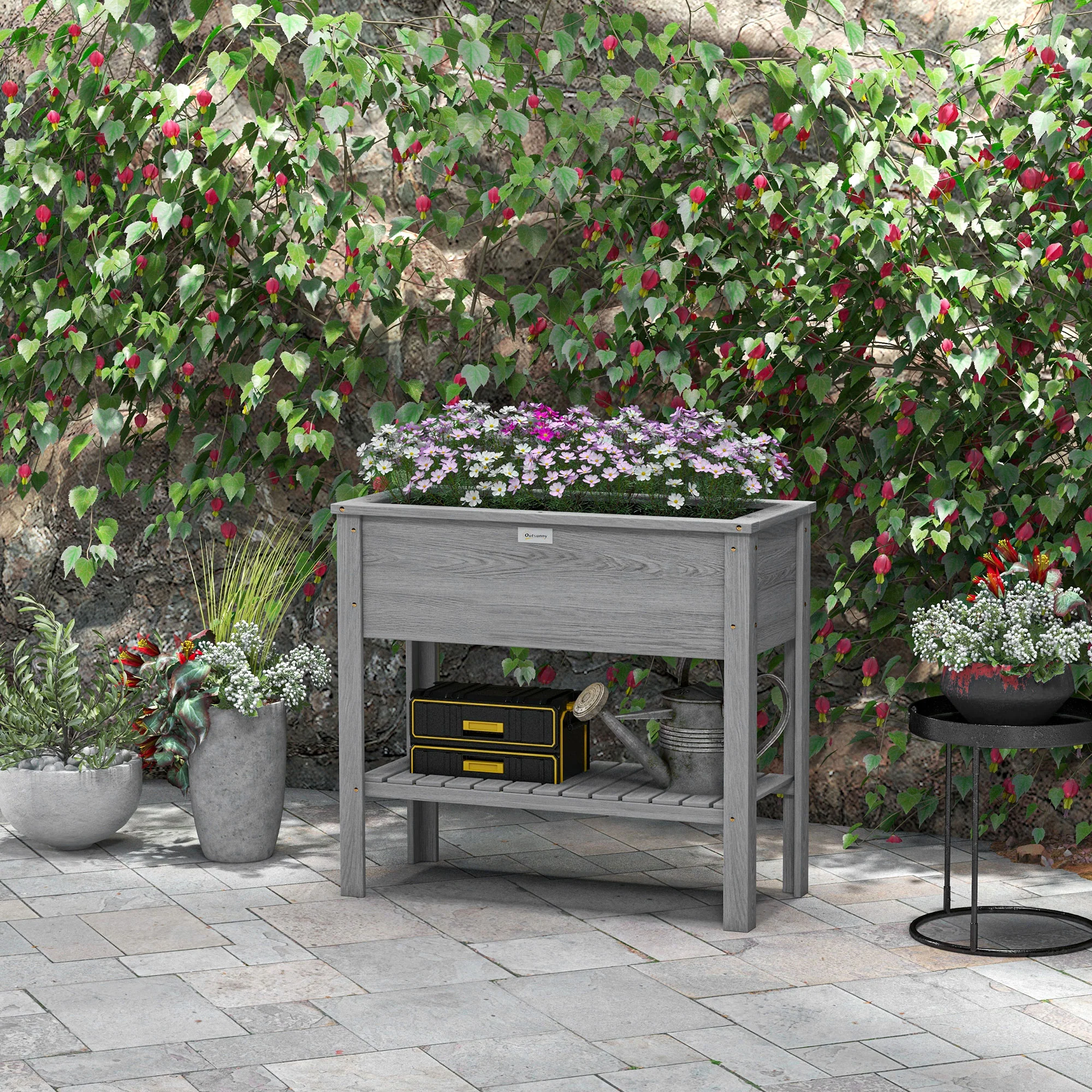 Wooden Raised Garden Bed Standing Elevated Planter Box with Storage Shelf for Flowers, Vegetables, and Herbs, 36" x 16" x 32", Grey - Image 4
