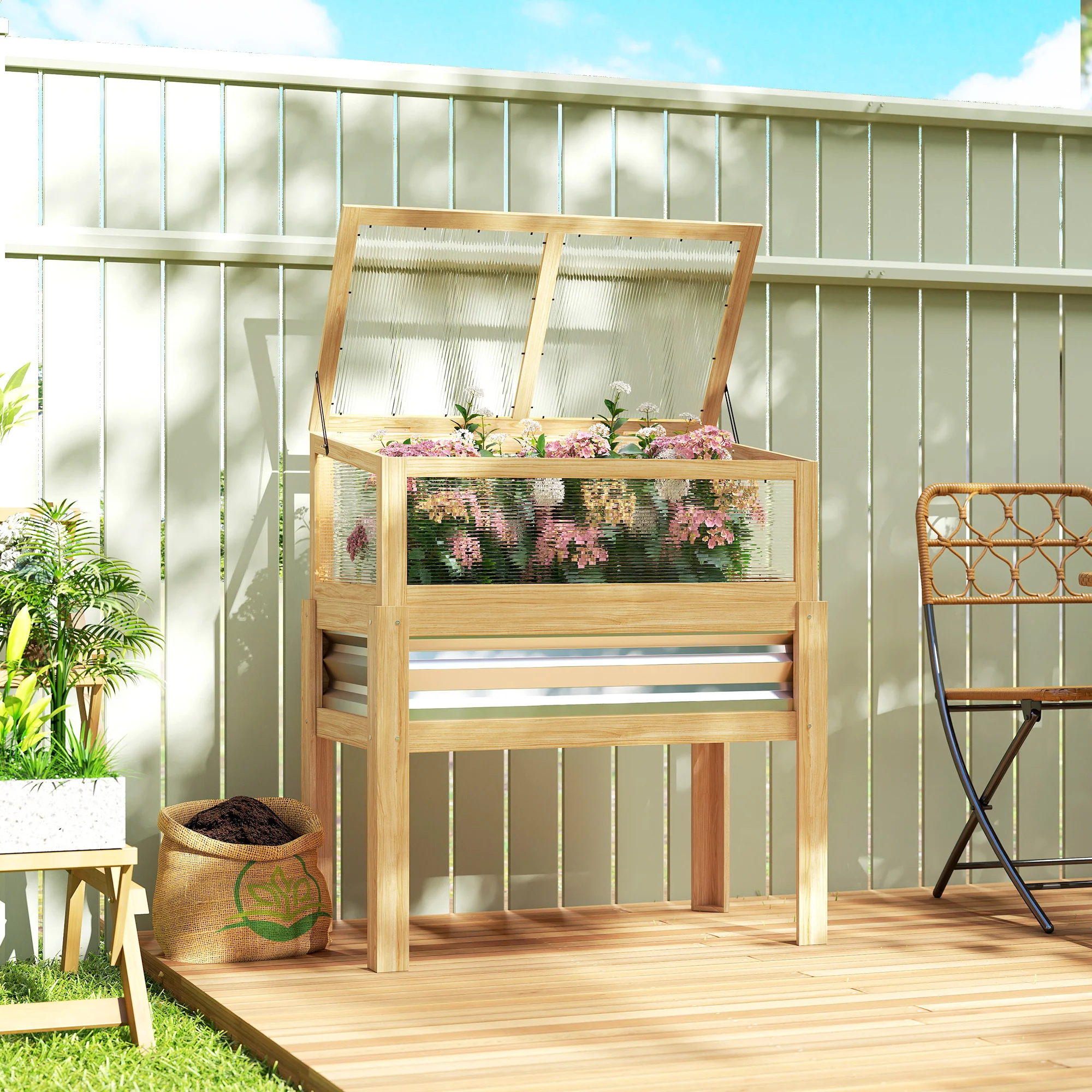 Raised Garden Bed with Detachable Greenhouse Top and Legs, Natural - Image 3