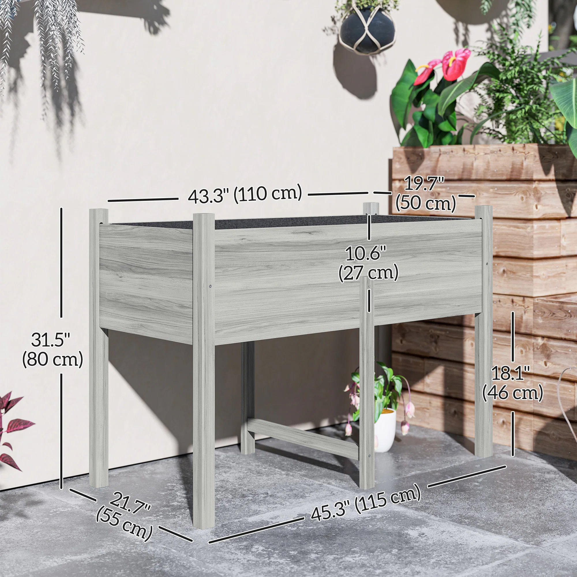 Wooden Raised Garden Bed with Liner & Drain Holes, 45.3"x21.7"x31.5", Grey - Image 5