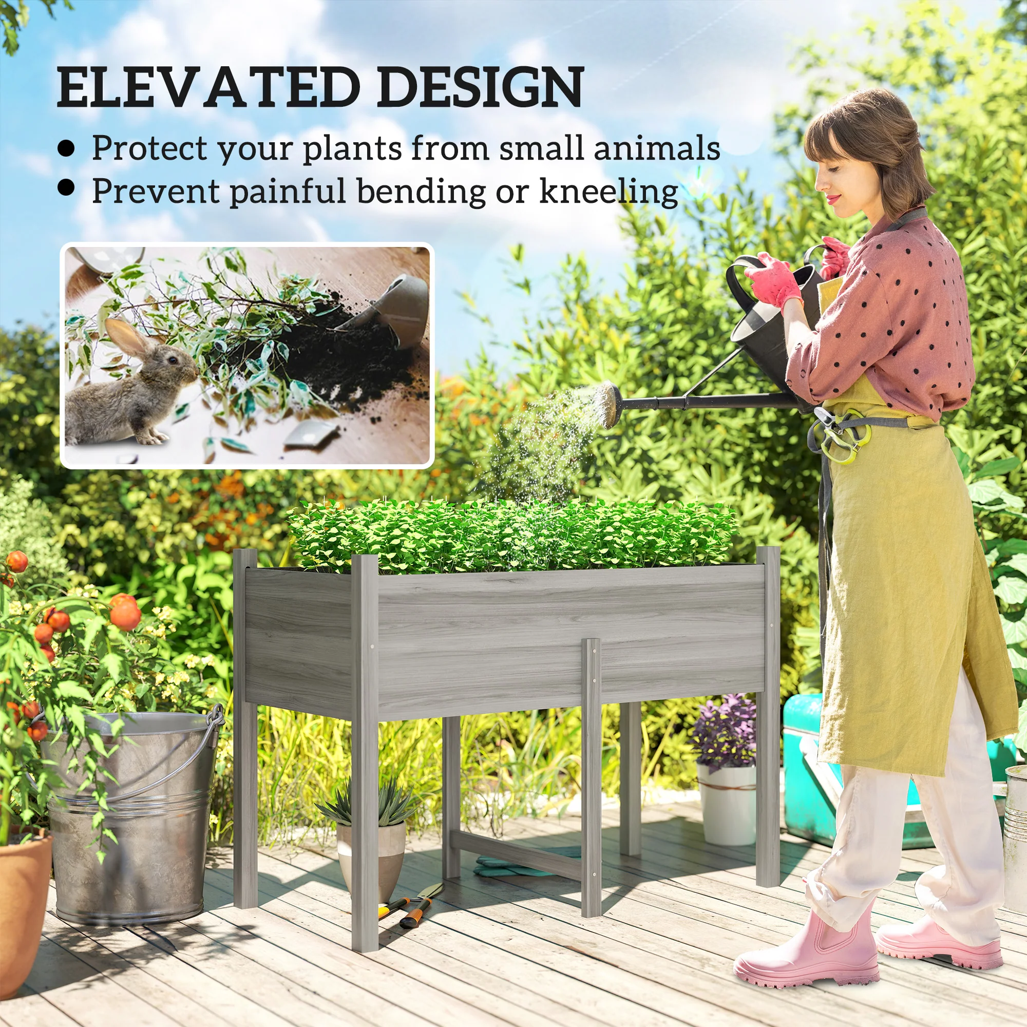 Wooden Raised Garden Bed with Liner & Drain Holes, 45.3"x21.7"x31.5", Grey - Image 6