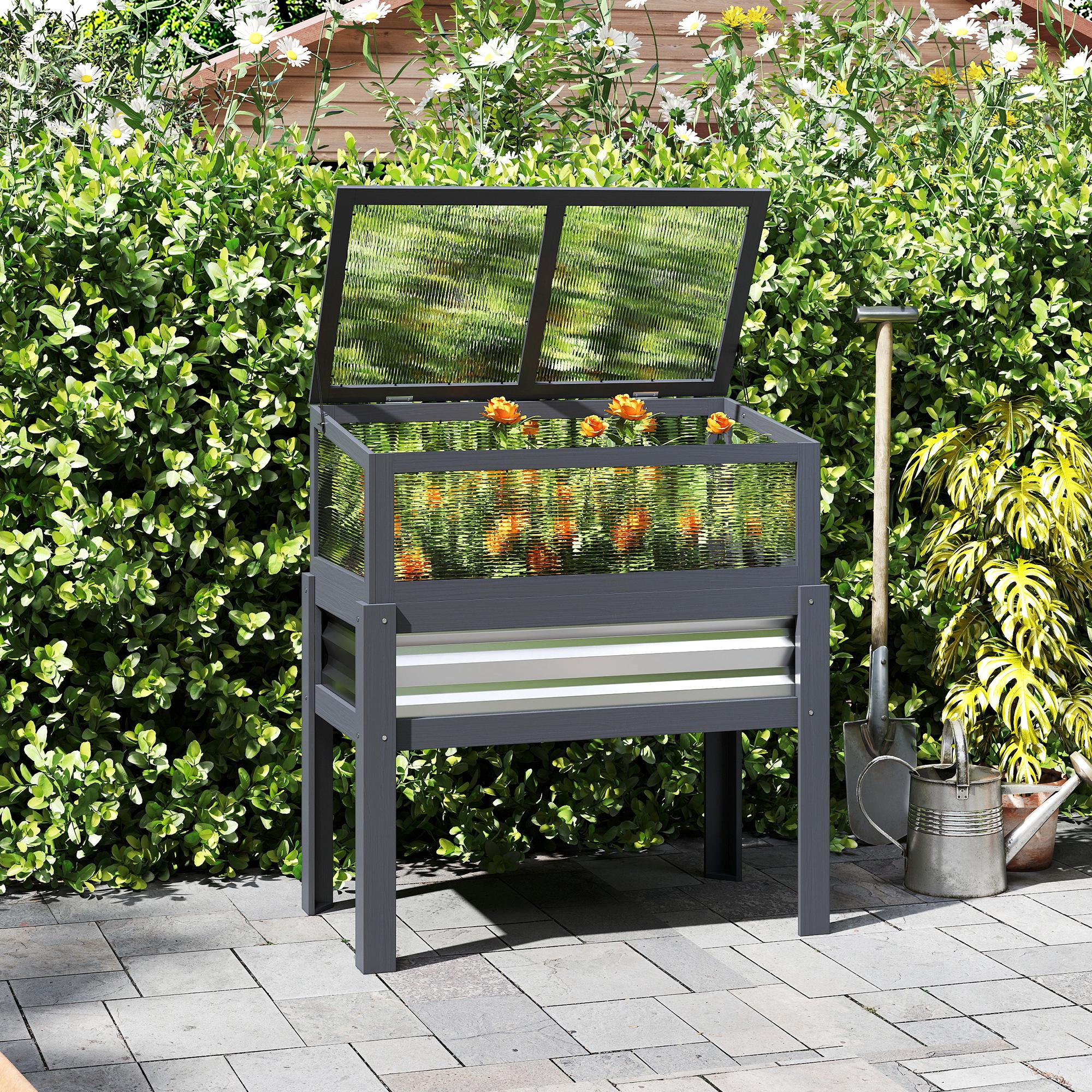 Raised Garden Bed with Flip-Up Greenhouse Top and Legs, Gray - Image 11