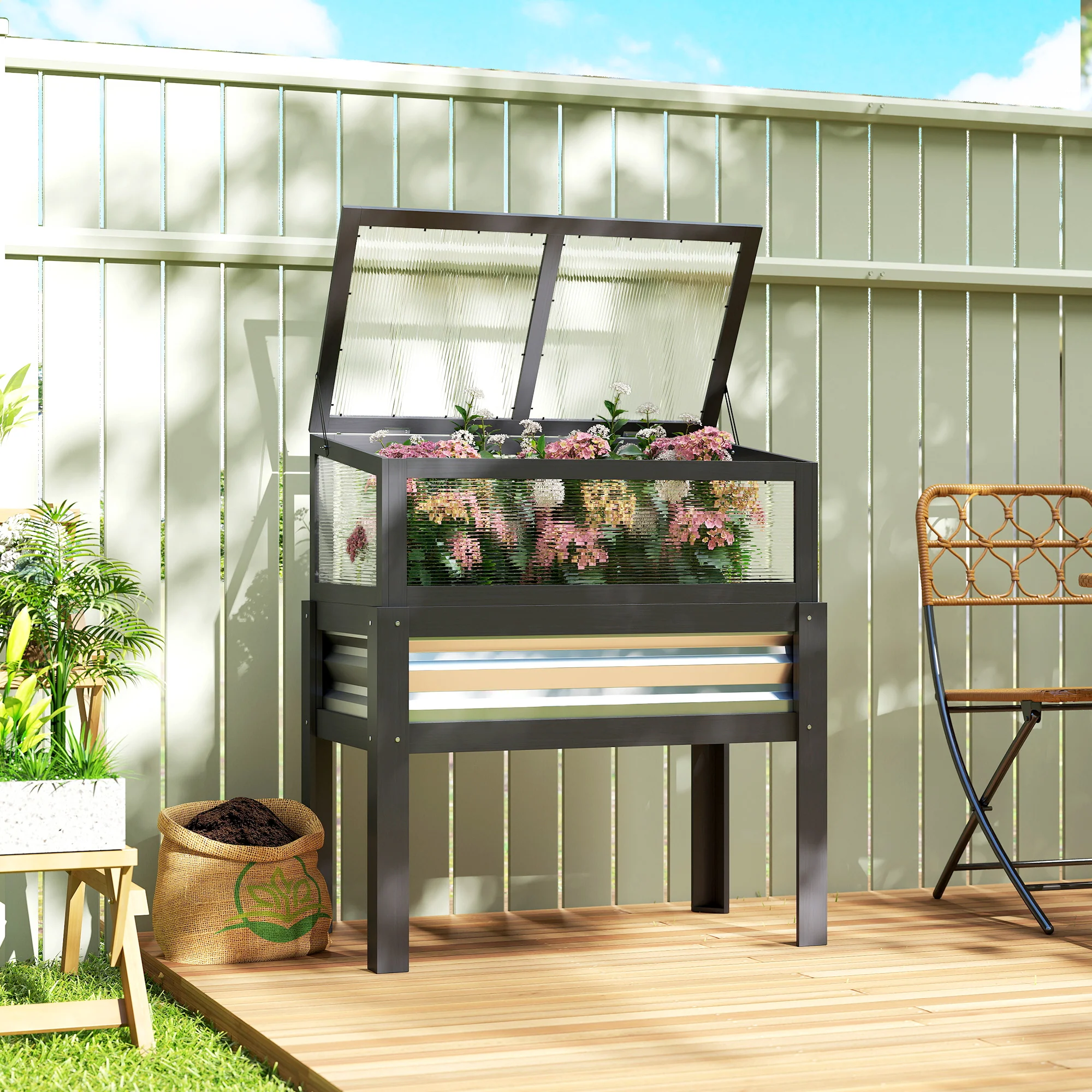 Raised Garden Bed with Flip-Up Greenhouse Top and Legs, Gray - Image 3