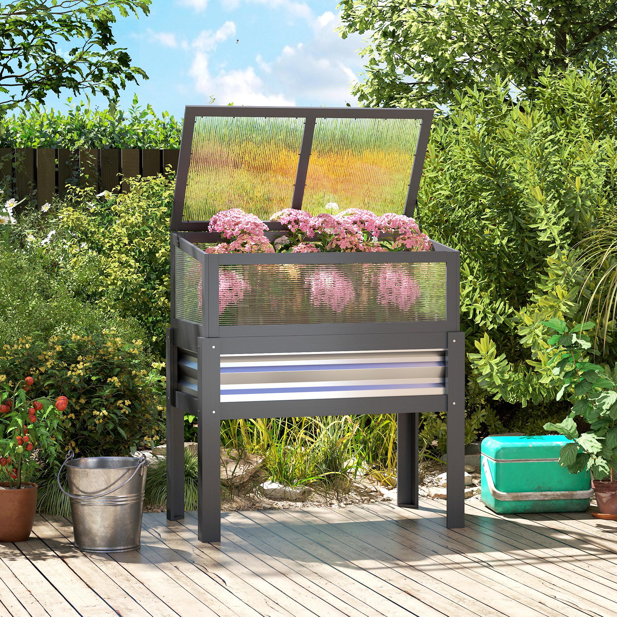 Raised Garden Bed with Flip-Up Greenhouse Top and Legs, Gray - Image 4