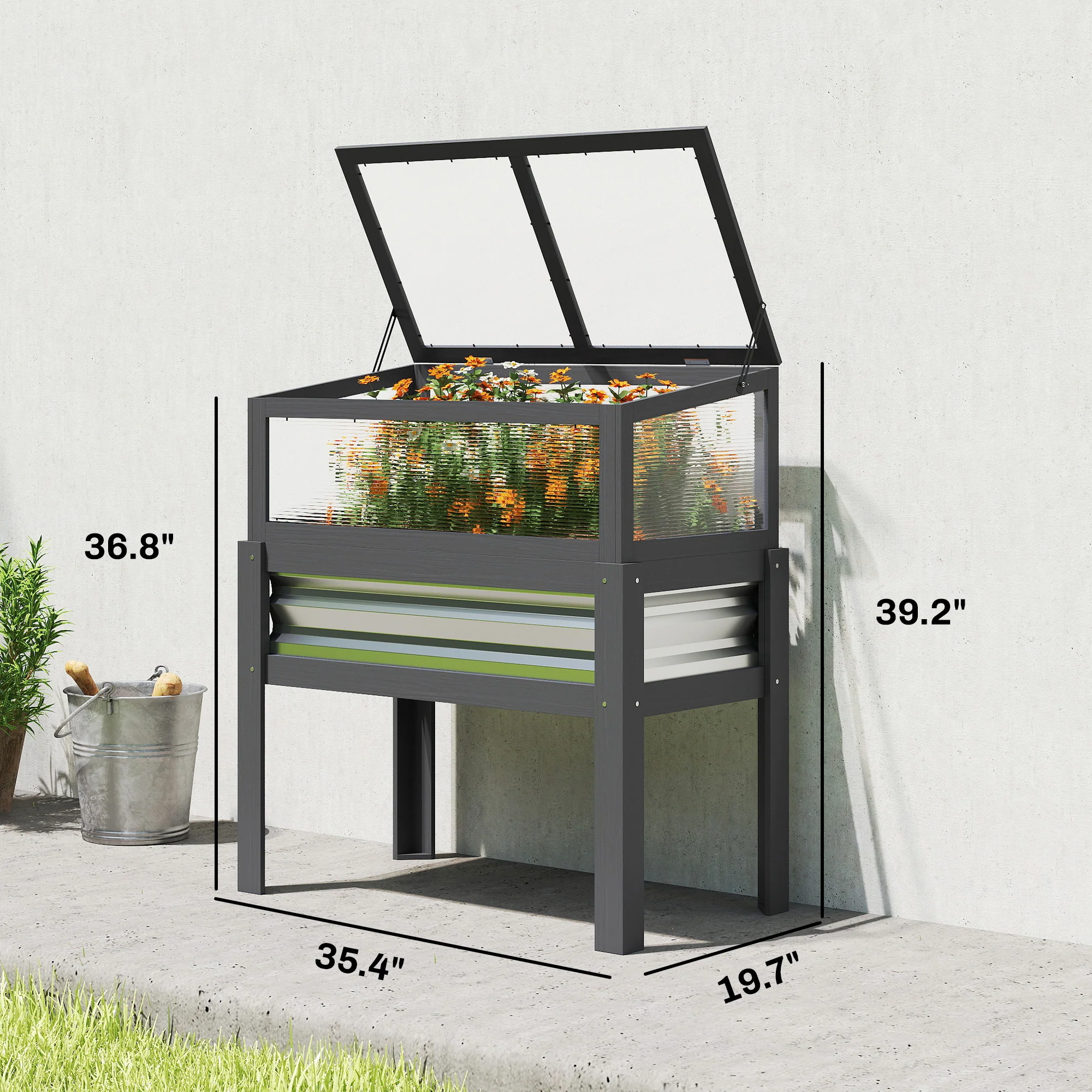 Raised Garden Bed with Flip-Up Greenhouse Top and Legs, Gray - Image 5