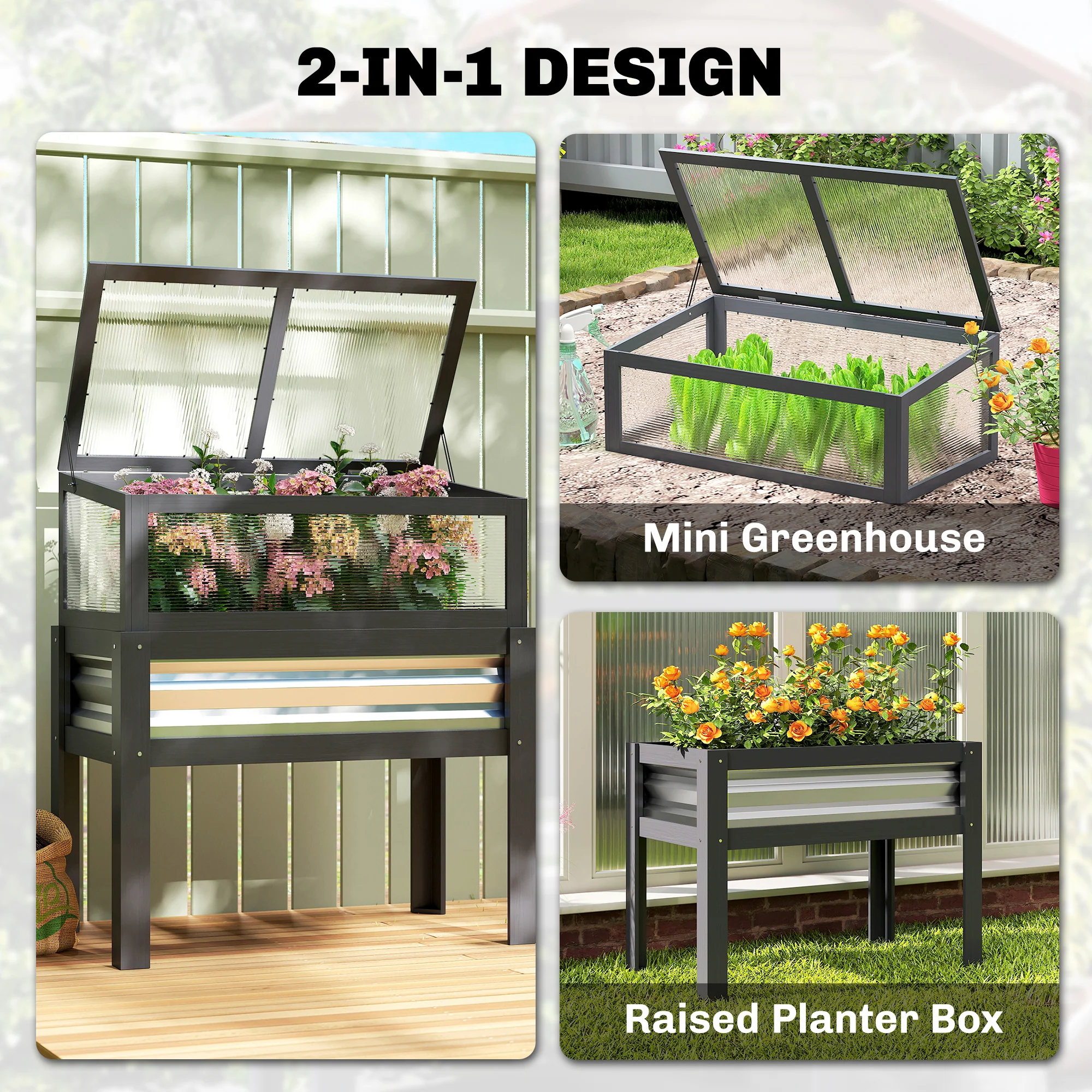 Raised Garden Bed with Flip-Up Greenhouse Top and Legs, Gray - Image 6