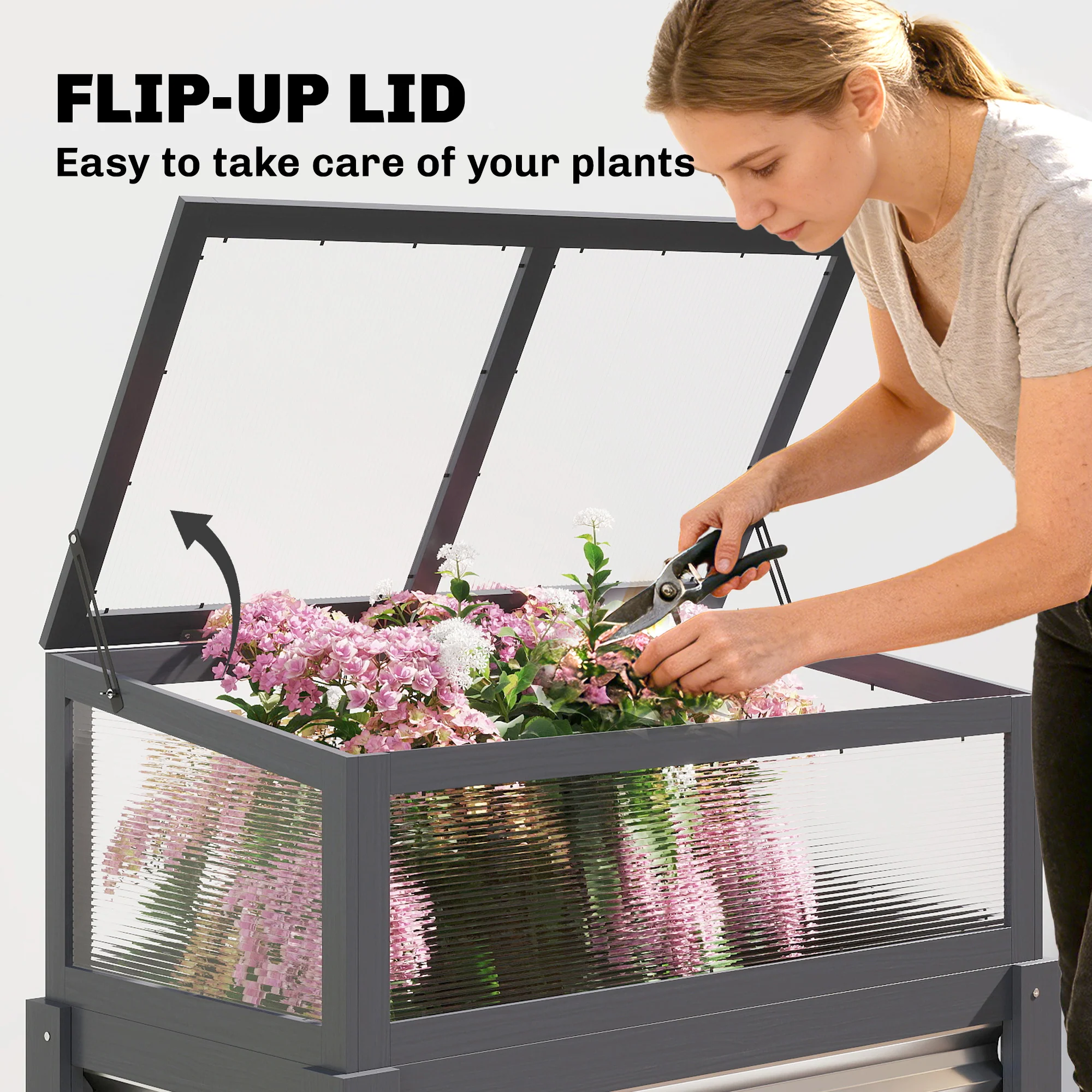 Raised Garden Bed with Flip-Up Greenhouse Top and Legs, Gray - Image 7