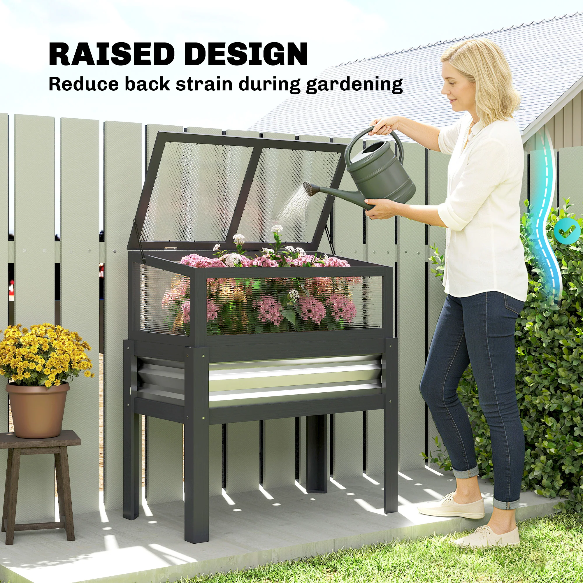 Raised Garden Bed with Flip-Up Greenhouse Top and Legs, Gray - Image 8