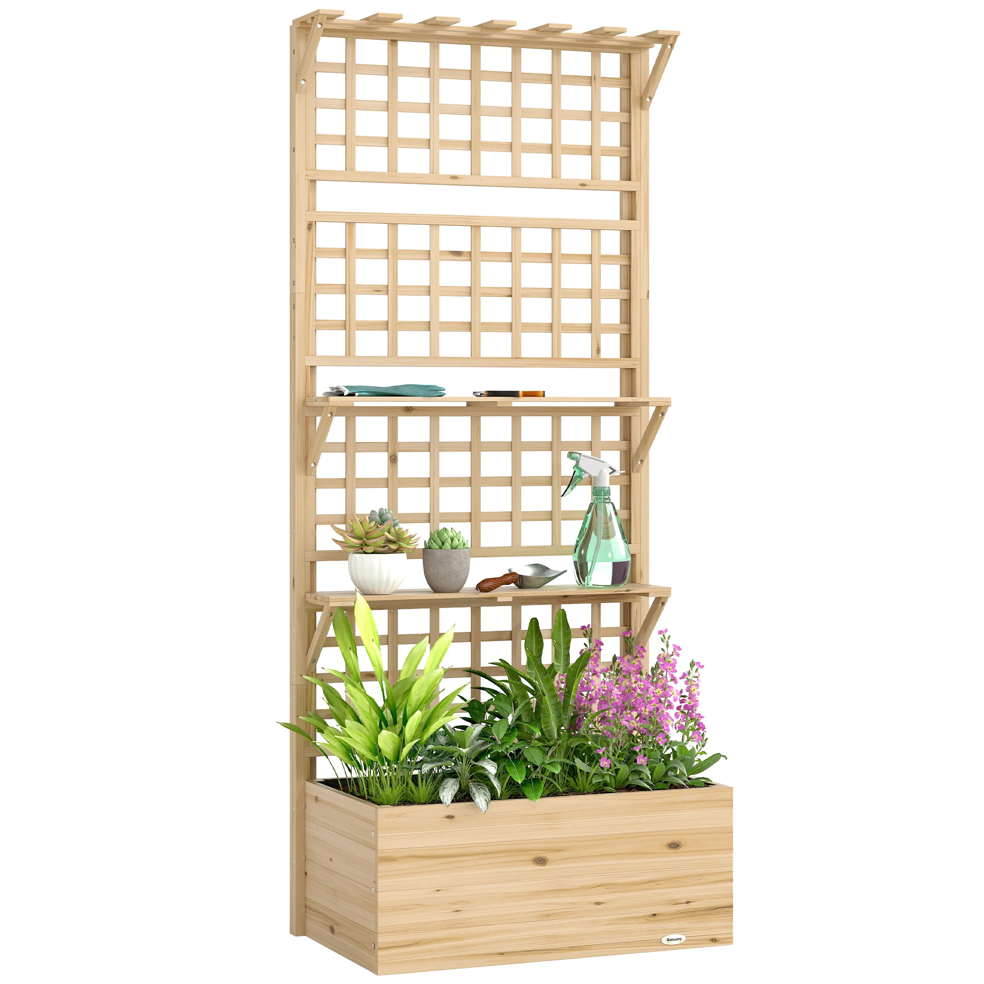 Raised Garden Bed with Trellis, Roof and 2 Shelves, Natural