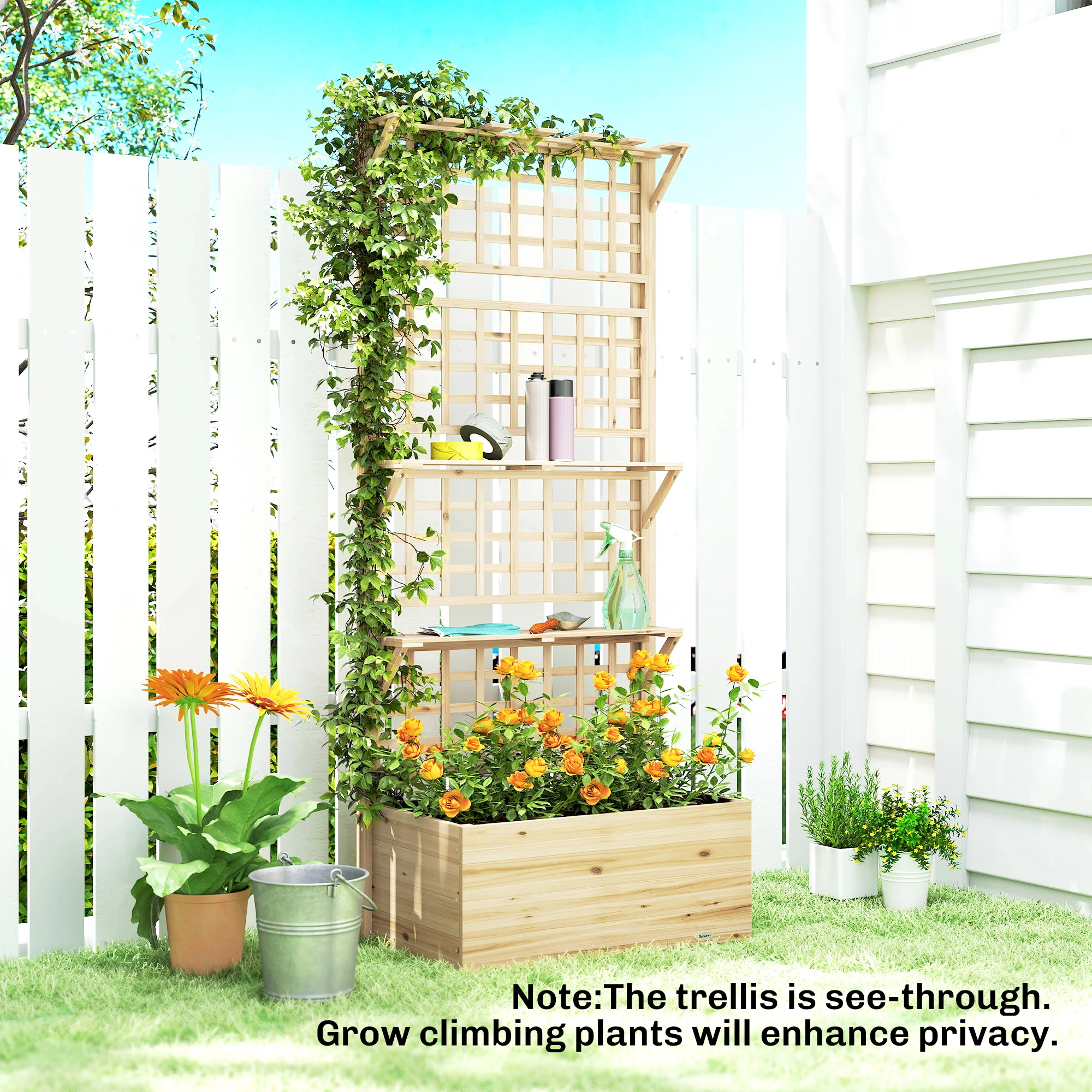 Raised Garden Bed with Trellis, Roof and 2 Shelves, Natural - Image 11