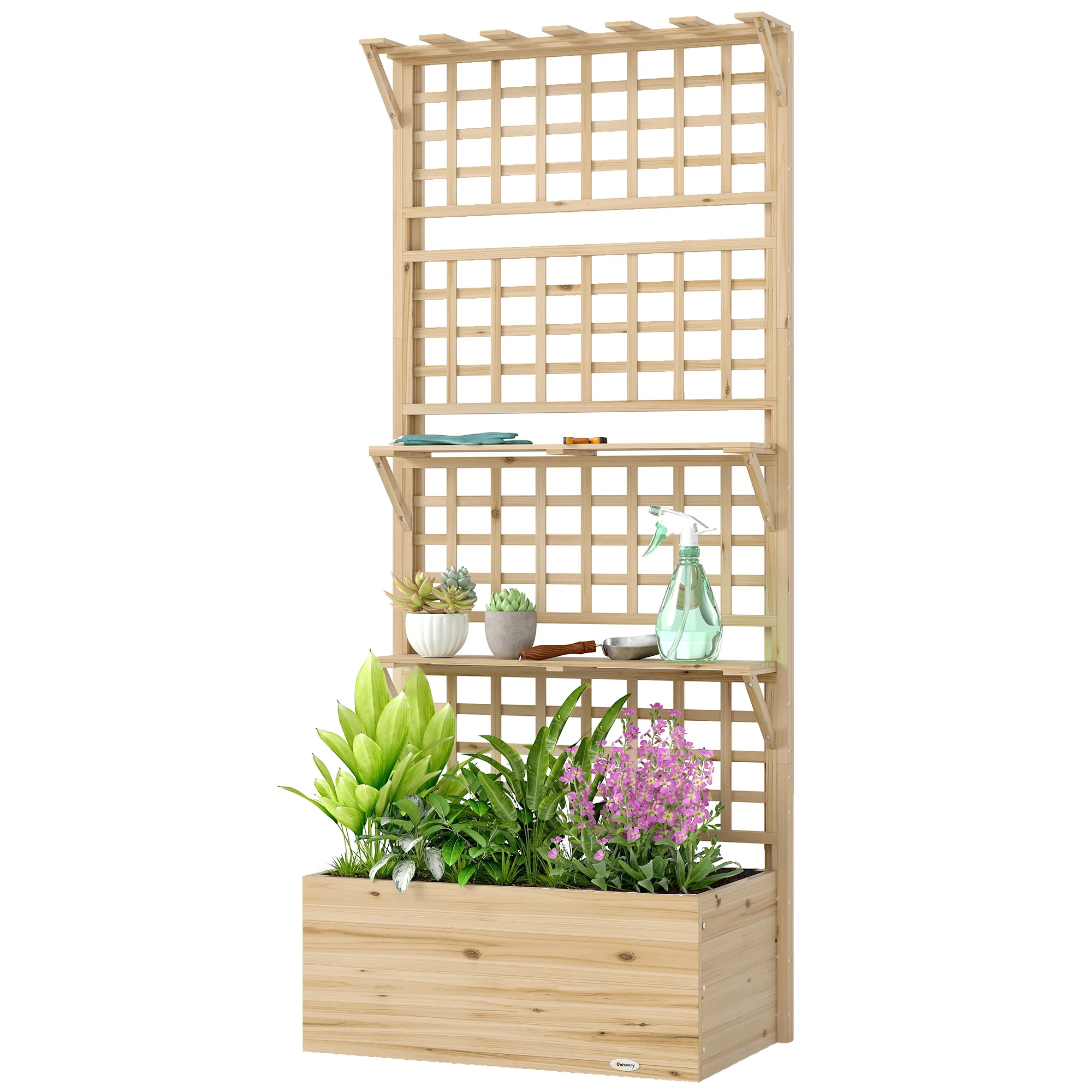 Raised Garden Bed with Trellis, Roof and 2 Shelves, Natural - Image 2