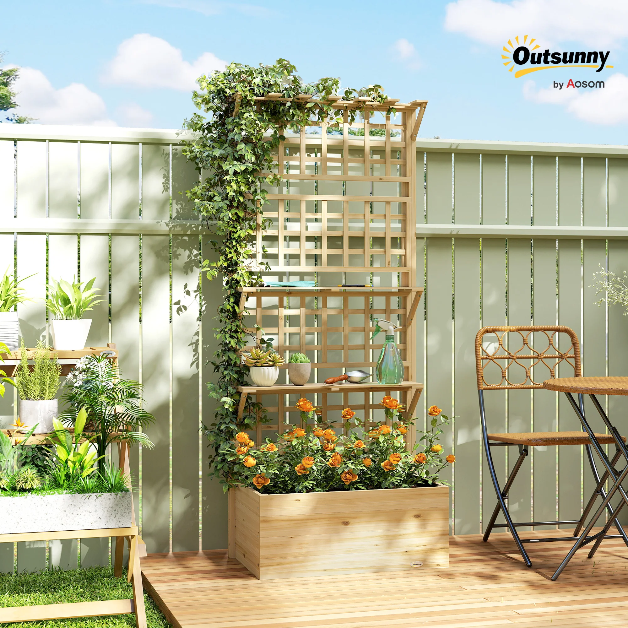 Raised Garden Bed with Trellis, Roof and 2 Shelves, Natural - Image 3