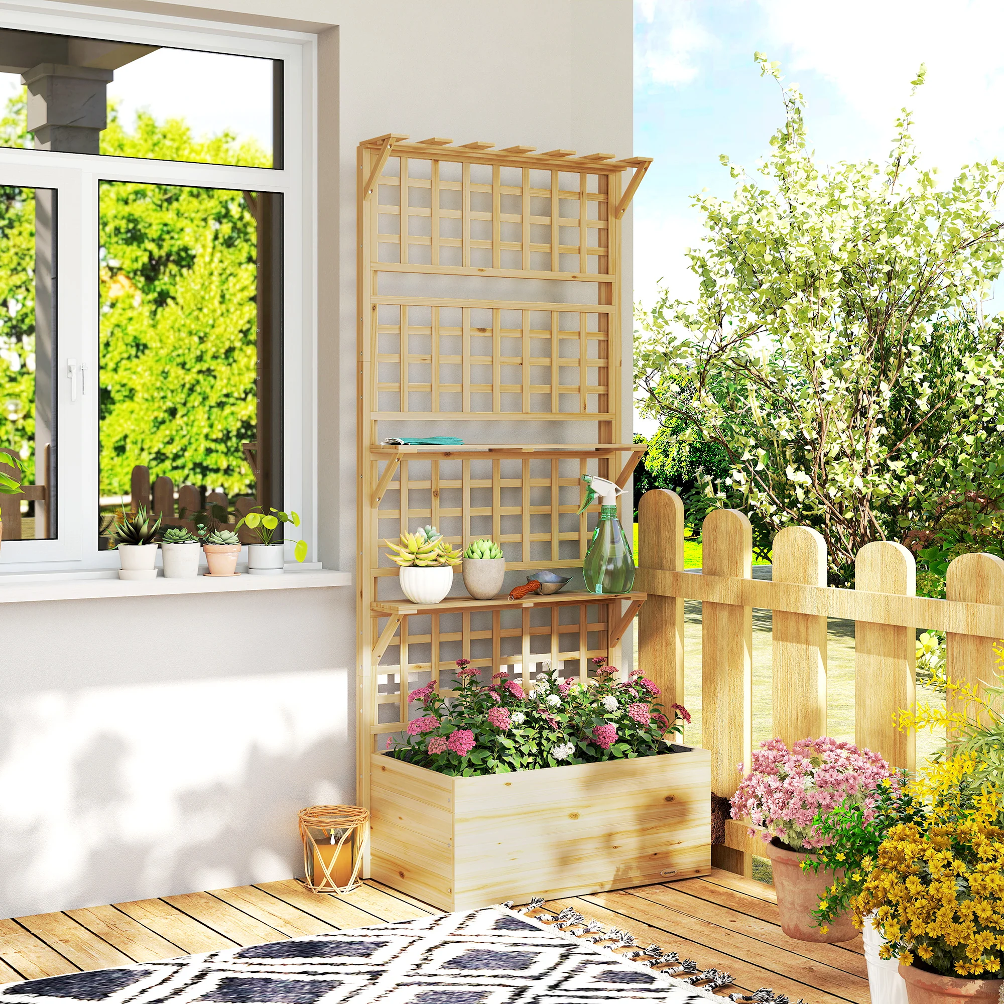 Raised Garden Bed with Trellis, Roof and 2 Shelves, Natural - Image 4