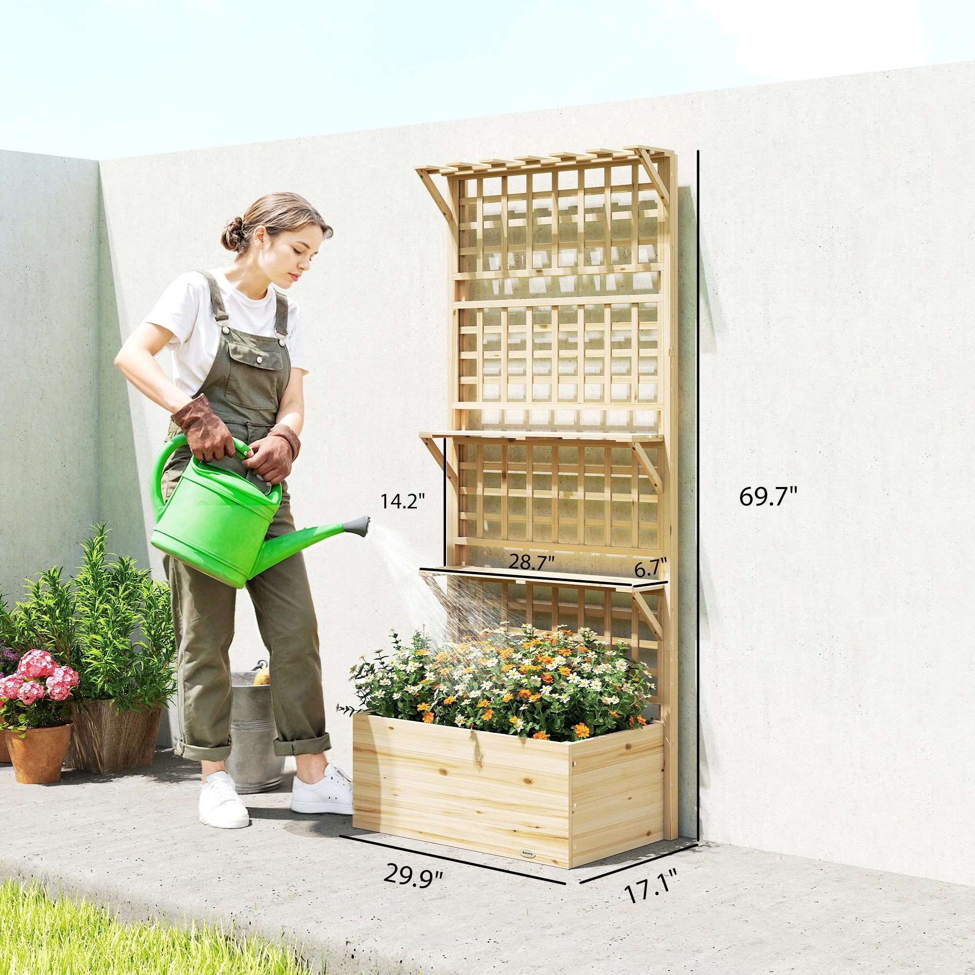 Raised Garden Bed with Trellis, Roof and 2 Shelves, Natural - Image 5