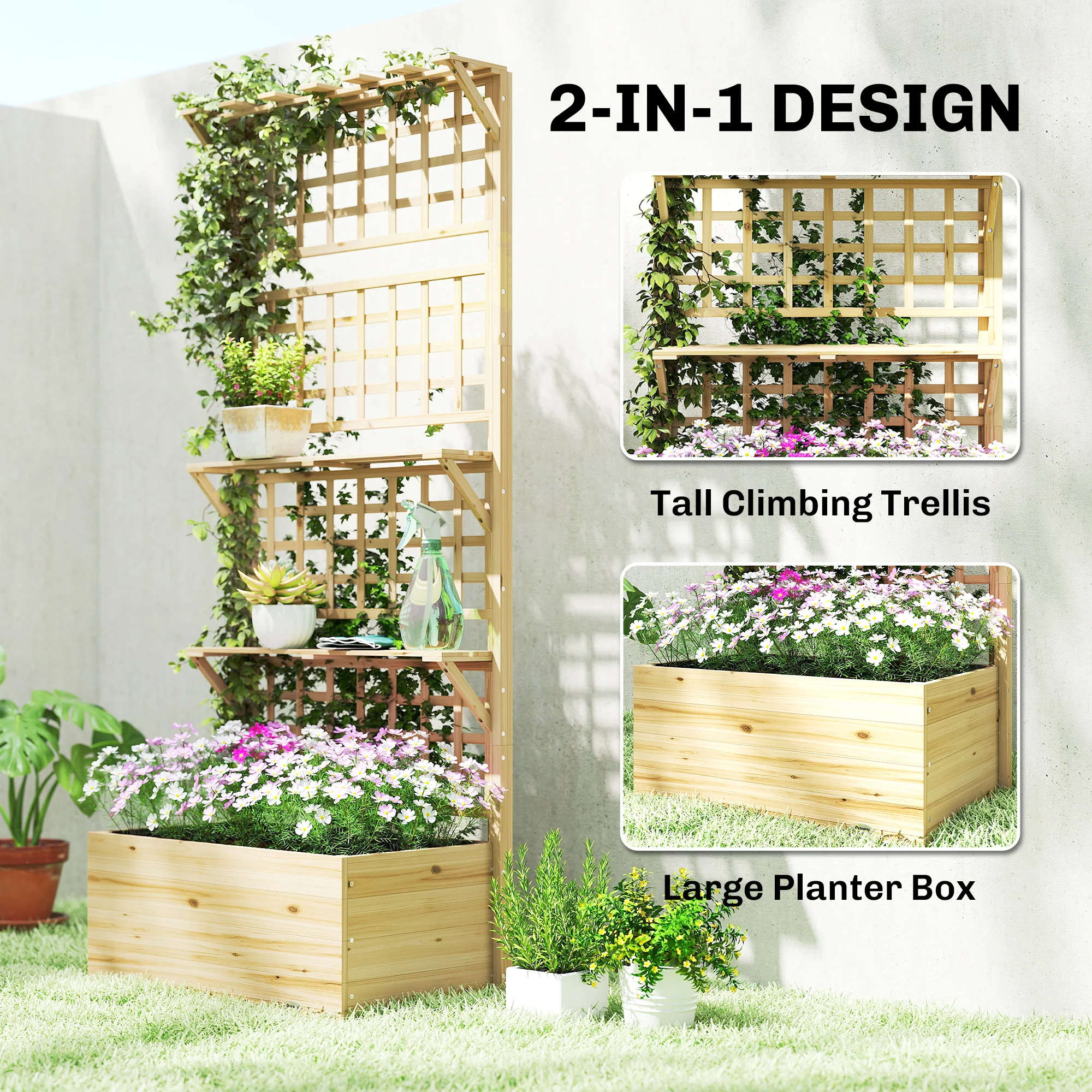Raised Garden Bed with Trellis, Roof and 2 Shelves, Natural - Image 6