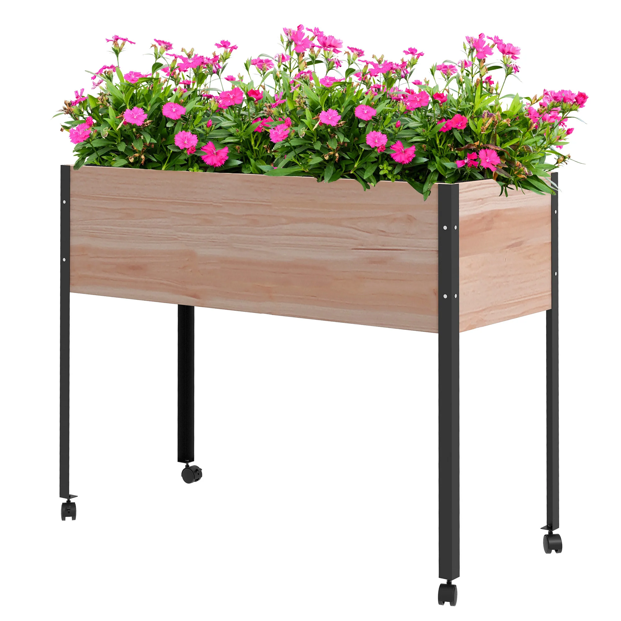 Wooden Elevated Planter Box with Wheels & Drainage Holes - Image 2