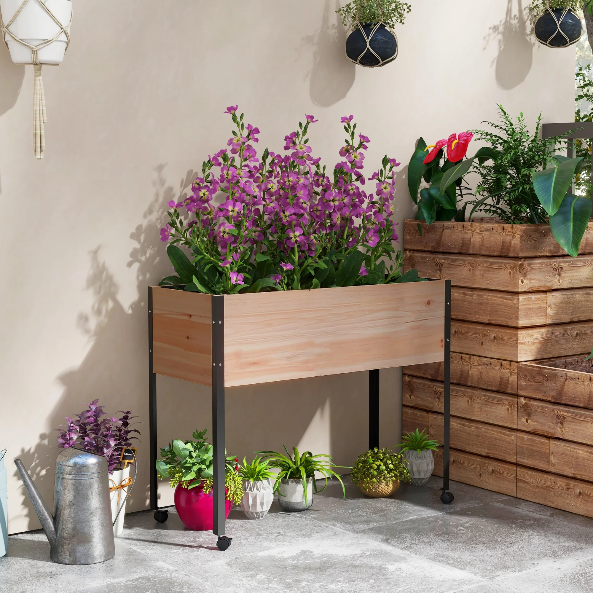 Wooden Elevated Planter Box with Wheels & Drainage Holes - Image 3