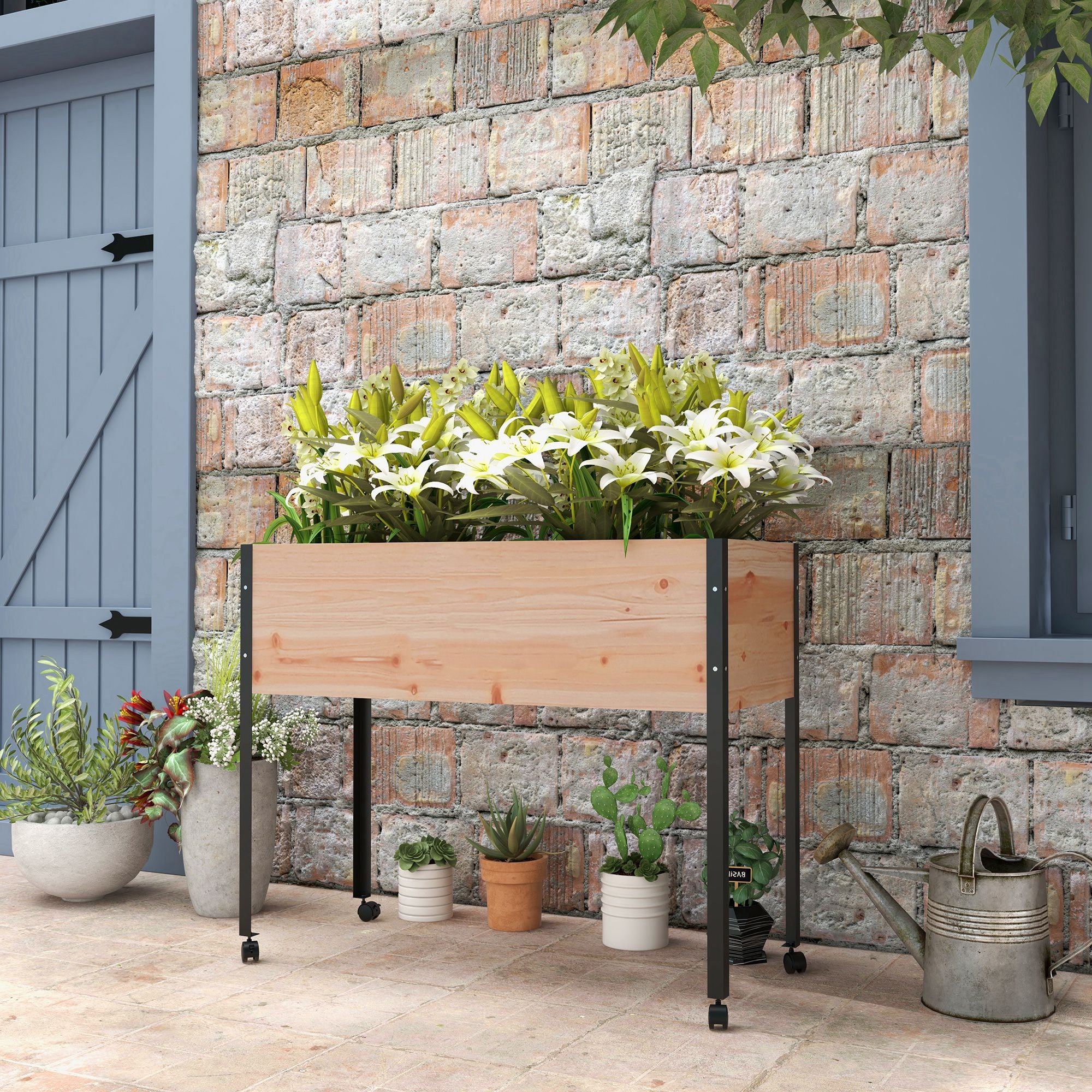 Wooden Elevated Planter Box with Wheels & Drainage Holes - Image 4