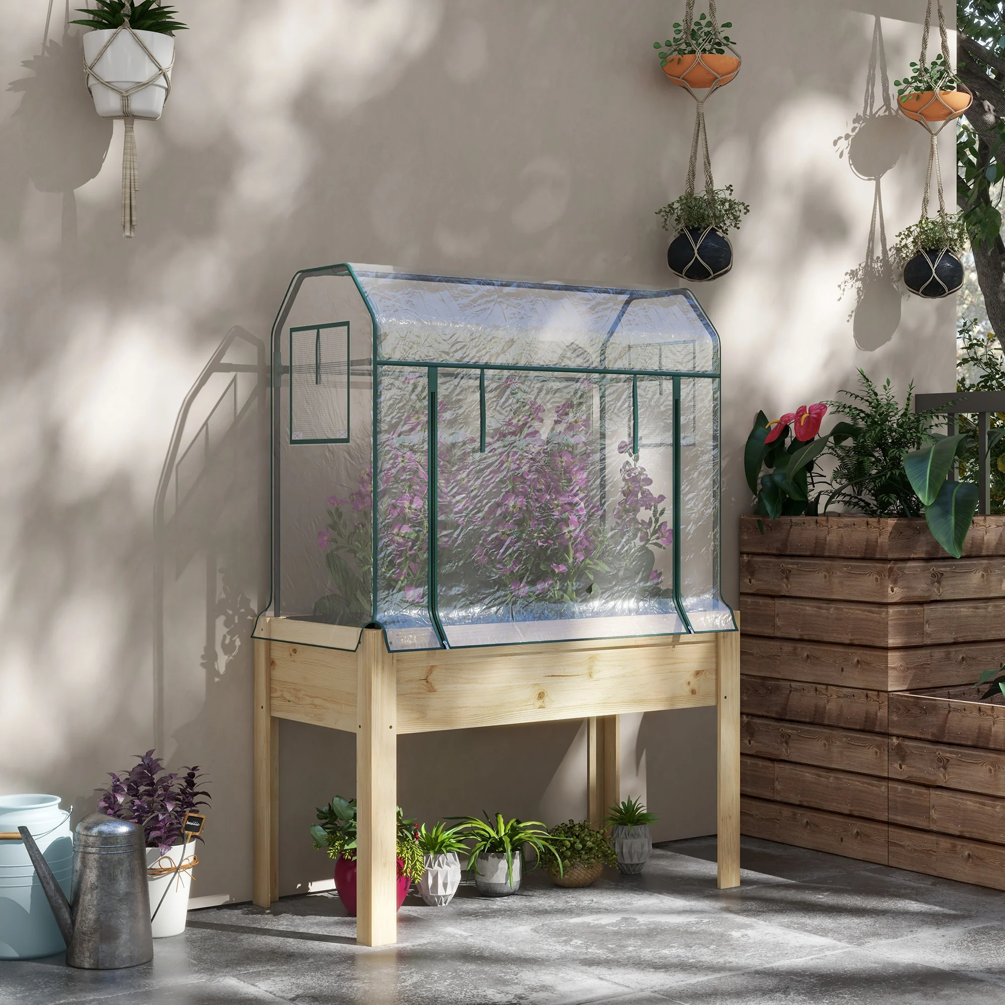 Wooden Raised Planter with Plastic Greenhouse Cover and Bed Liner, 115 x 60 x 165cm, Clear - Image 4