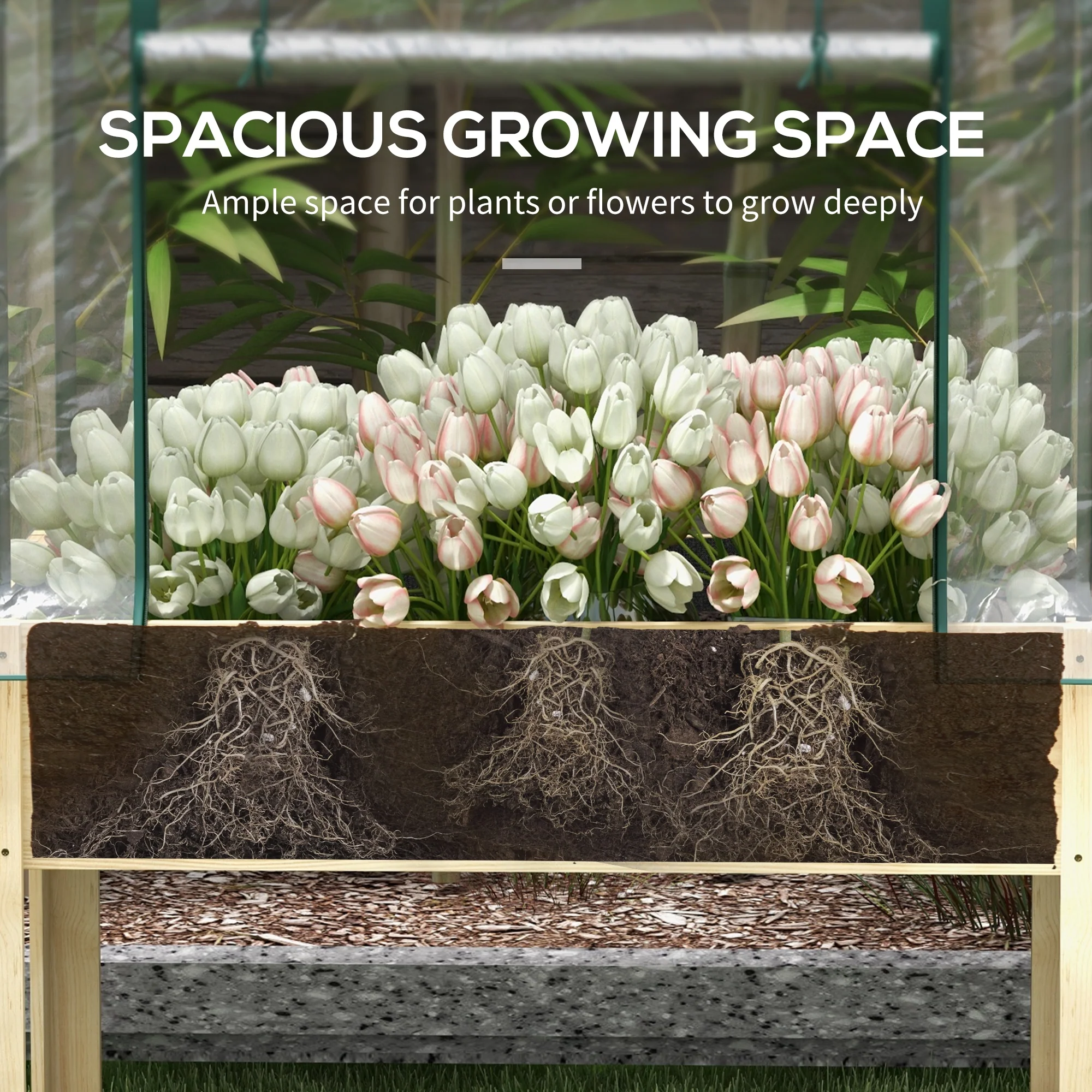 Wooden Raised Planter with Plastic Greenhouse Cover and Bed Liner, 115 x 60 x 165cm, Clear - Image 9