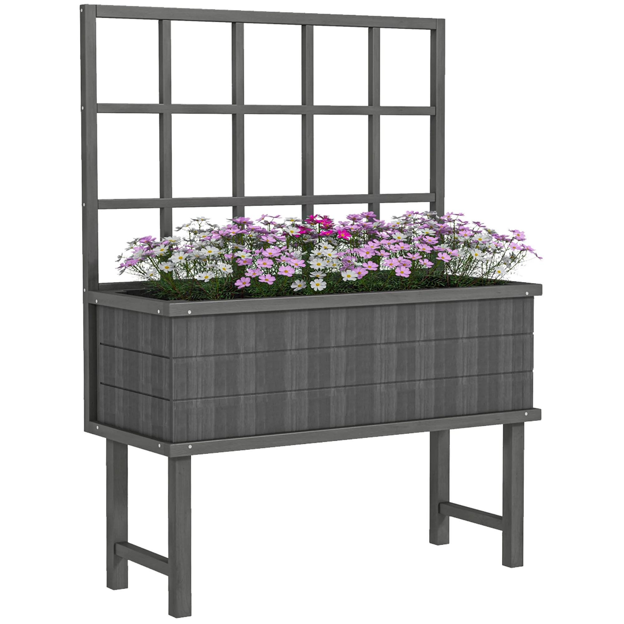 Wooden Raised Garden Bed with Trellis for Vine Climbing Plants, 105 x 45 x 140cm, Grey