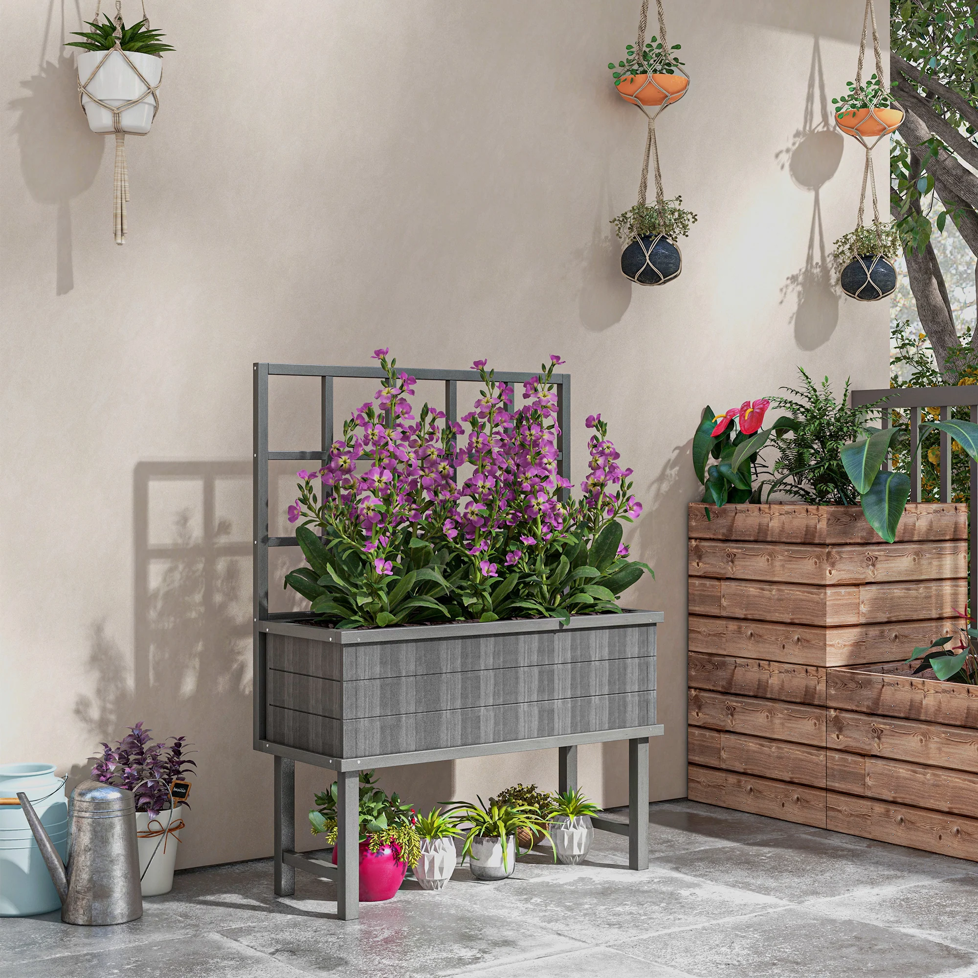 Wooden Raised Garden Bed with Trellis for Vine Climbing Plants, 105 x 45 x 140cm, Grey - Image 3