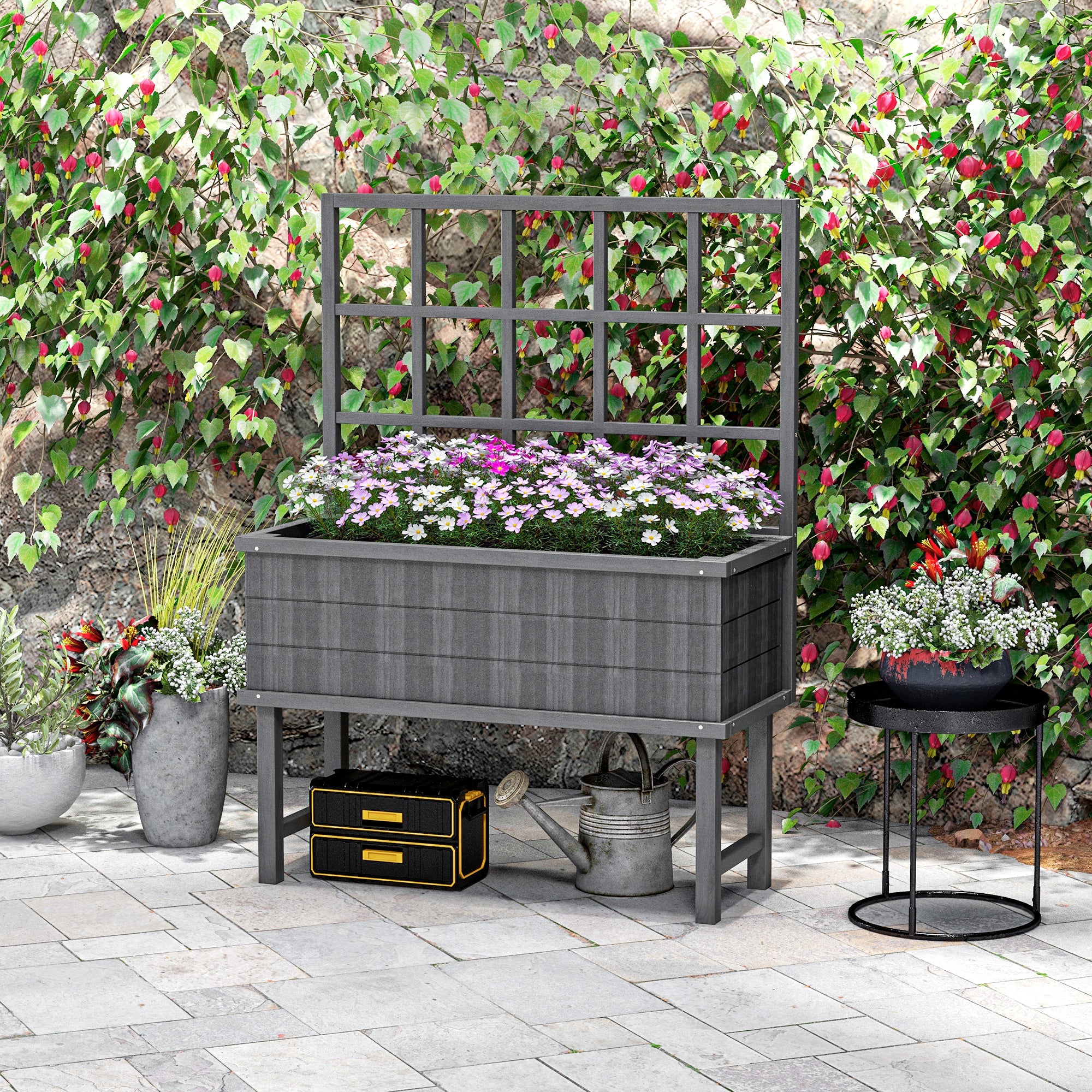 Wooden Raised Garden Bed with Trellis for Vine Climbing Plants, 105 x 45 x 140cm, Grey - Image 4