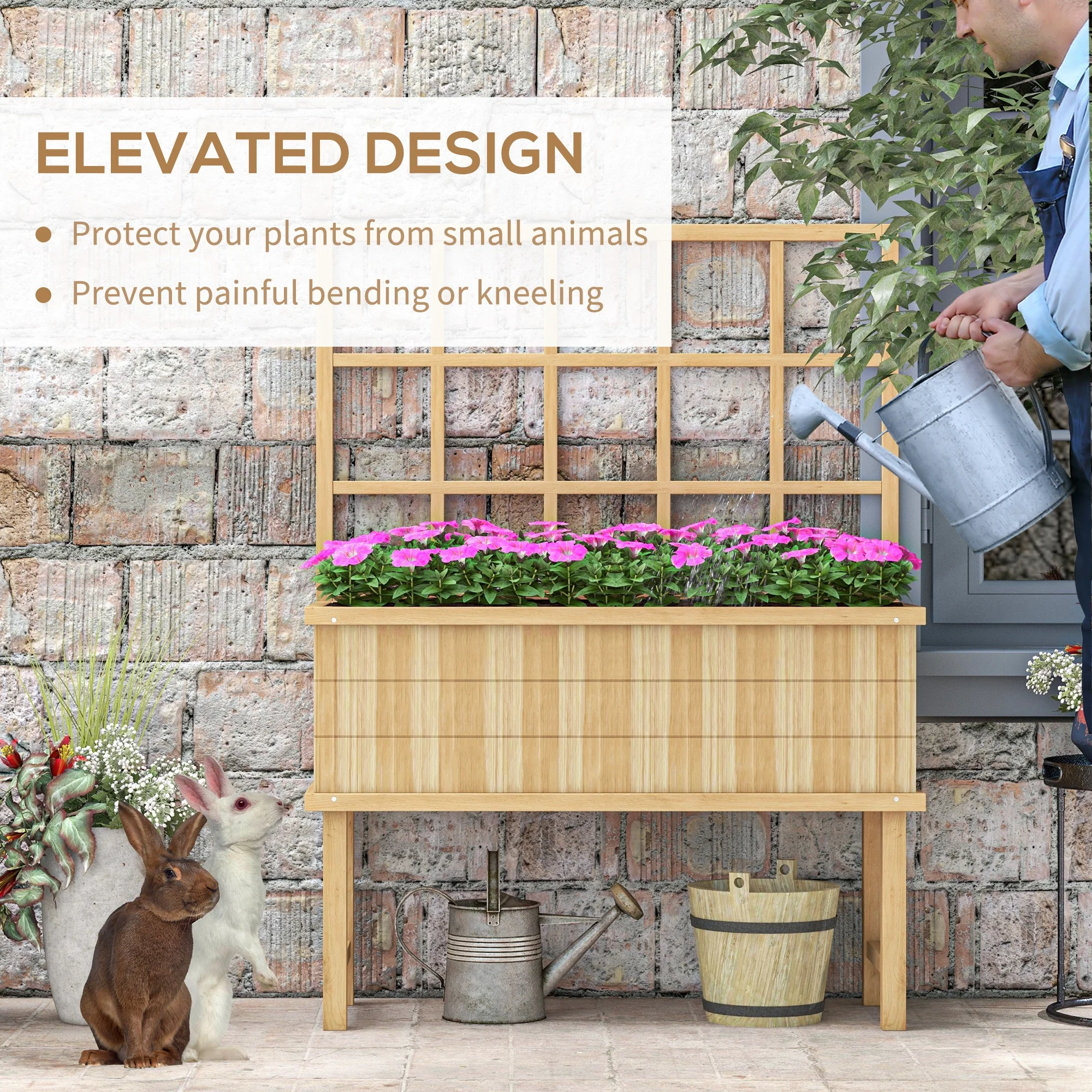 Wooden Raised Garden Bed with Trellis for Vine Climbing Plants, 105 x 45 x 140cm, Natural - Image 9
