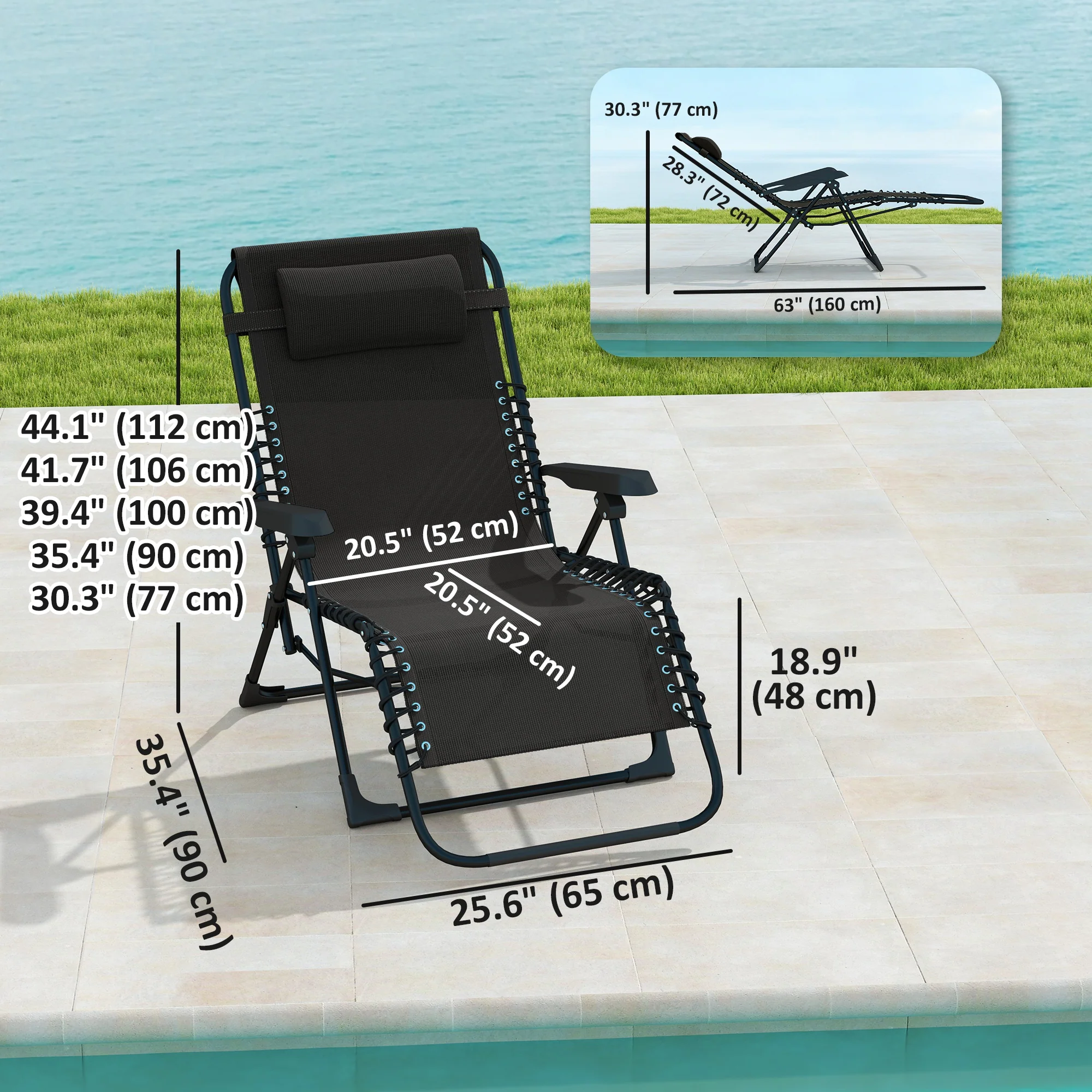 Zero Gravity Chair with 5-Position Backrest and Headrest, Black - Image 5